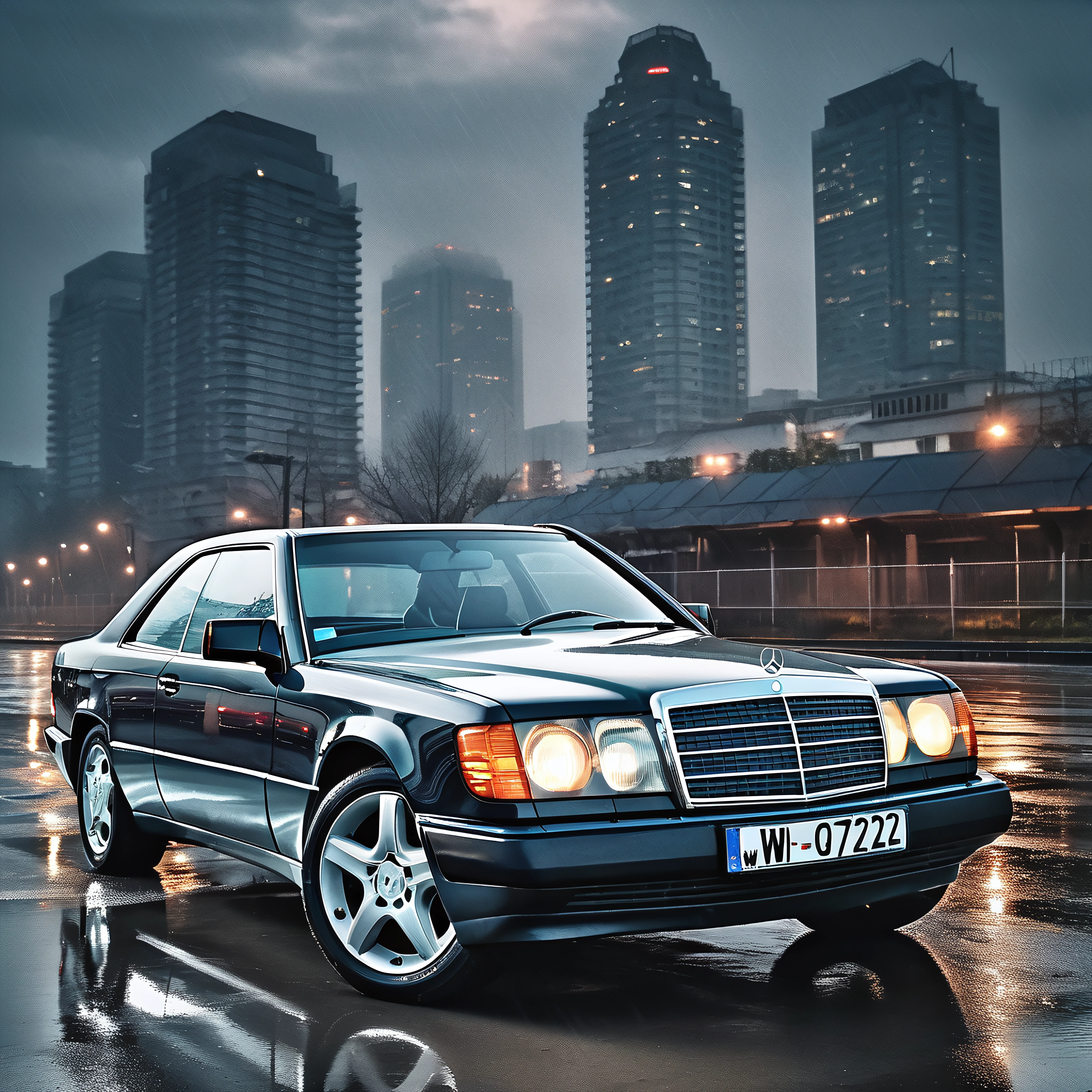 (masterpiece, highly detailed), a photo of (w124 car with mercedes-benz badges, without numberplate), (with 5-spoke wheels), rainy night, empty parking, futuristic city skyline with skyscrapers in background