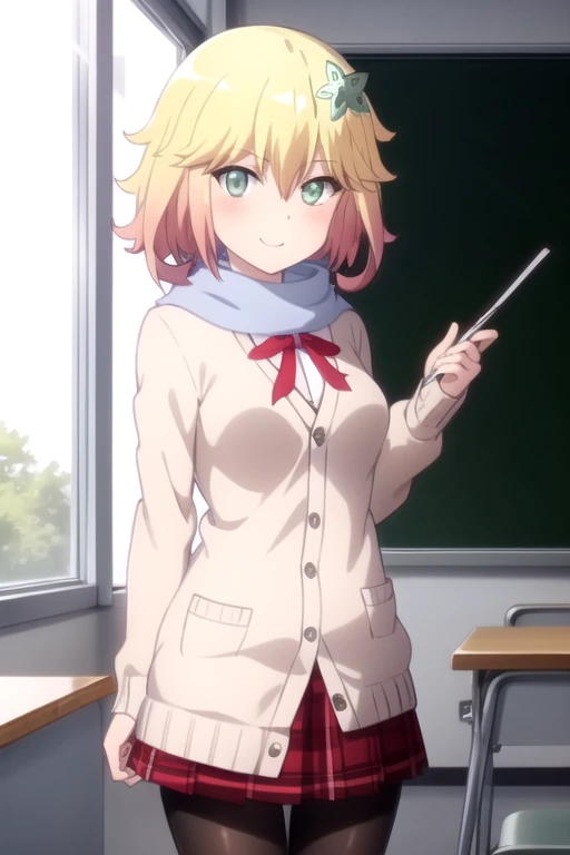 ((masterpiece)),(best quality),official art,extremely detailed CG,unity 8k wallpaper,ultra detailed,beautiful detailed eyes,extremely detailed face,classroom,1girl,solo,cowboy shot,looking at viewer,facing viewer,smile,short_hair,two-tone_hair,blonde_hair,hair_ornament,hair_flower,green_flower,hair between eyes,green_eyes,blue_scarf,beige_cardigan,red_ribbon,collared_shirt,white_shirt,medium_breasts,red_skirt,plaid_skirt,pleated_skirt,black_pantyhose,loafers,<lora:Tapris Sugarbell Chisaki(gdp)>,