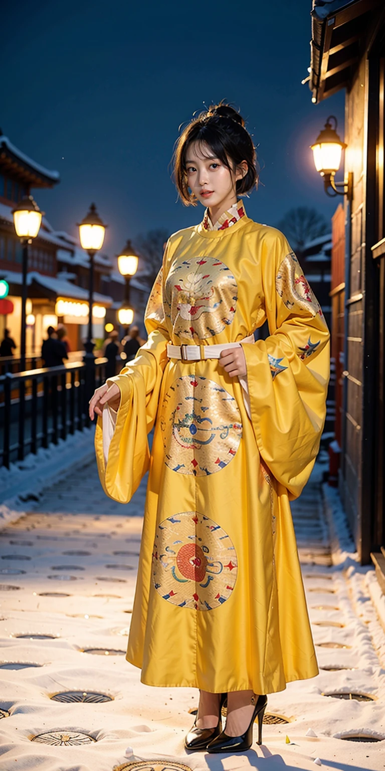 1girl, breast outline, yellow loong_print_gown, full body, stand,  Bob Cut, high heels,

stand, outdoor, star night, snowing, ice, winter, 

masterpiece, best quality, photorealistic,