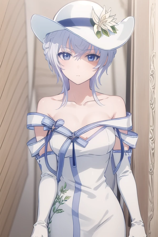 seitenshi, <lora:seitenshi s1-lora-nochekaiser:1>,
seitenshi, short hair, braid, white hair, (grey eyes:1.3),
BREAK gloves, hat, dress, bare shoulders, collarbone, elbow gloves, white gloves, white dress, white headwear, sun hat, long dress, hat flower,
BREAK indoors,
BREAK looking at viewer, (cowboy shot:1.5),
BREAK <lyco:GoodHands-beta2:1>, (masterpiece:1.2), best quality, high resolution, unity 8k wallpaper, (illustration:0.8), (beautiful detailed eyes:1.6), extremely detailed face, perfect lighting, extremely detailed CG, (perfect hands, perfect anatomy),