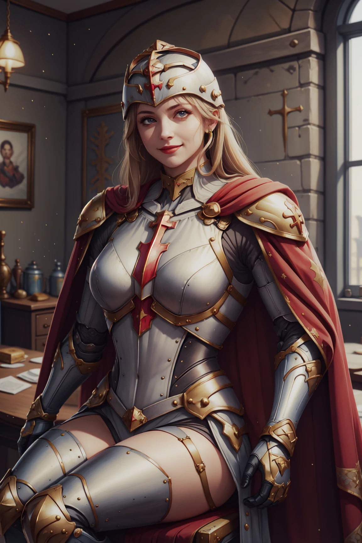 masterpiece, best quality, expressive eyes, absurdres, <lora:CrusaderWorld:1> crusaderworld, 1girl, sitting, armored dress, looking at viewer, smiling, cape, knight helmet,