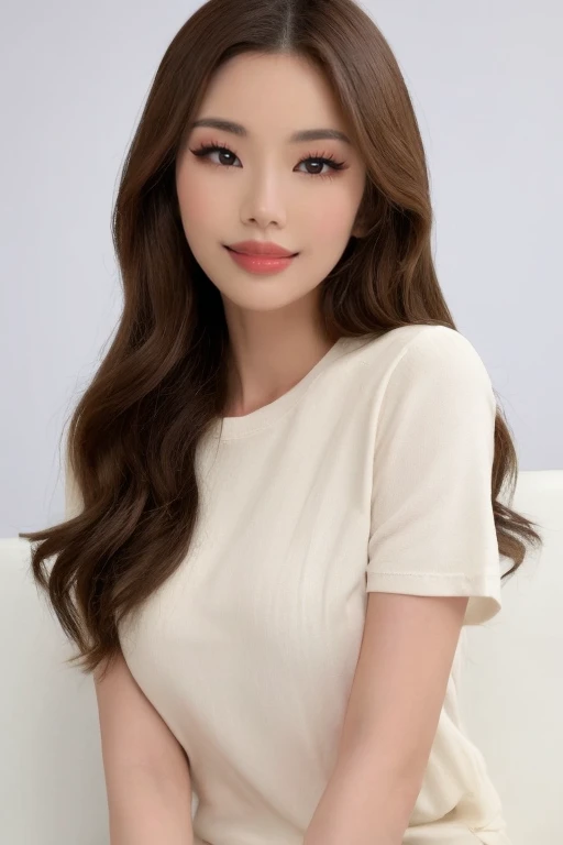 4k, 8k, ultra highres, raw photo in hdr, sharp focus, intricate texture, skin imperfections, realistic, detailed facial features, highly detailed face, posing,perfect lighting,long hair,(brown hair),petite,sitting,sofa,comfy outfit,shirt, <lora:Supcaitlin1:0.7> Supcaitlin1,grin,bright red lipstick,thick lips,eyeliner,eyelashes,plump lips