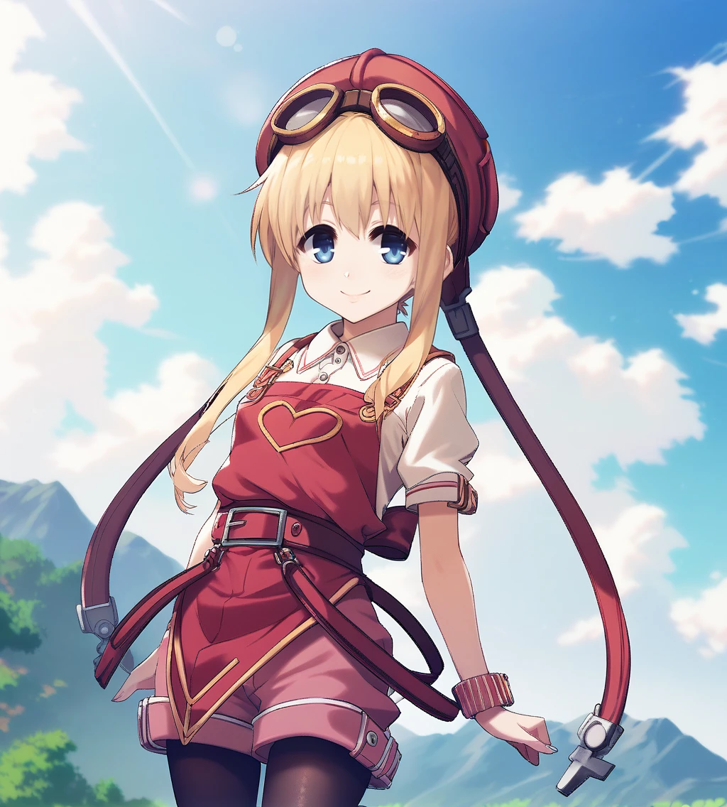 score_9, score_8_up, score_7_up, score_6_up, score_5_up, score_4_up, source_anime, rating_safe
BREAK,
<lora:TrailsInTheSky-000023:0.9>, Tita Russell, blue eyes, blonde hair, long hair, small breasts, flat chest, petite, red hat, headwear, goggles on headwear, pink shirt, red apron, pink shorts, black pantyhose, red shoes,
BREAK,
looking at viewer, smile, 
upper body, portrait, front view,
BREAK,
<lora:kurono_mitsuki:1>,
BREAK,
1girl, outdoors, sky, clouds, distant mountains,