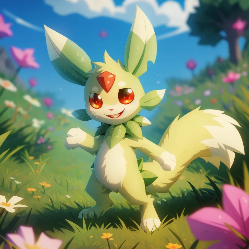 floragato, furry pokemon, cat, yo-yo, string, feet, action pose, solo, (body fur:1.2), (best quality), (gradient background:1.2), studio lighting, (detailed fluffy fur:1.1), looking at viewer, animal hands, tail,