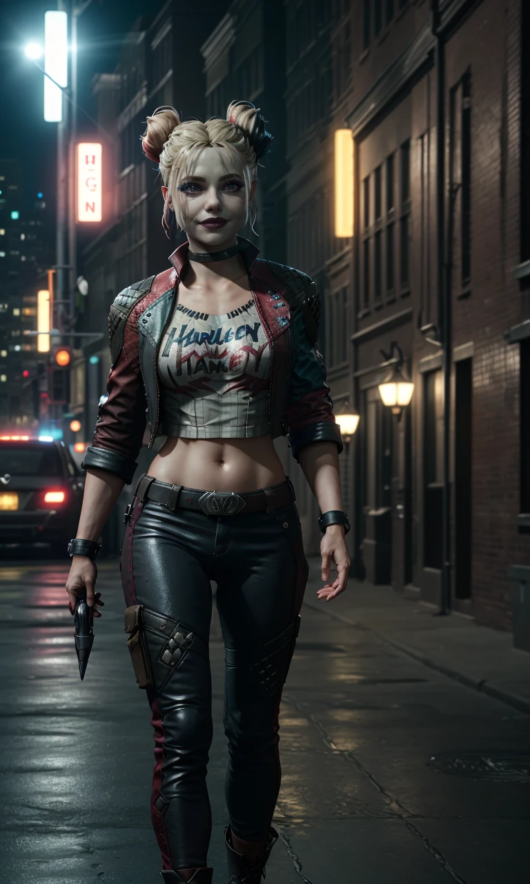 harleyssktjl2024, 1girl, walking in gotham, photorealistic, 8k, uhd, masterpiece, detailed skin, skin pores, intricate, depth of field, full body, raw image, multicolored hair, makeup,  blonde hair, double bun, smile, cinematic lighting,