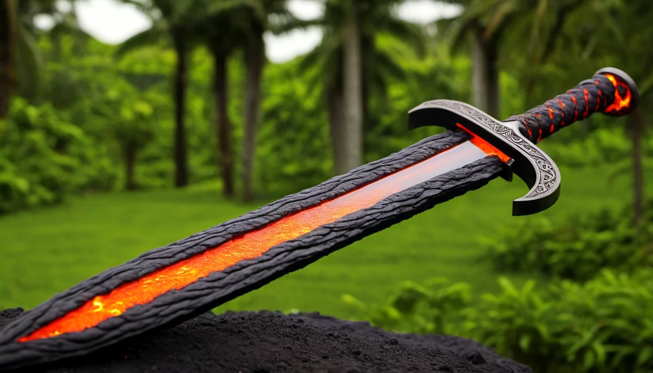 LavaRay, Elegant Voyeuristic Bastard sword, made from Garden, wearing Refined made entirely of lava, Simple and clean, Libertywave, Polychromatic, attractive