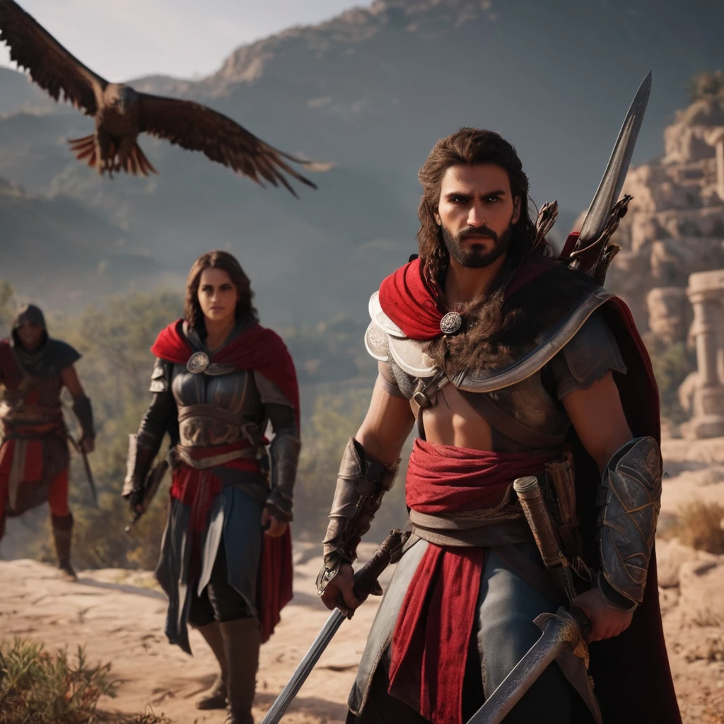 cinematic film still of <lora:Assassins Creed style:1>
Alexios Kassandra a man and a woman are standing in front of a demon,1girl,brown hair,holding,weapon,multiple boys,sword,2boys,cape,holding weapon,armor,facial hair,holding sword,helmet,knife,beard,realistic,red cape Assassinâs Creed style, Assassins Creed style, Open world, Action-adventure, Stealth, dramatic light, cinematic film look, ancient, historical, shallow depth of field, vignette, highly detailed, high budget, bokeh, cinemascope, moody, epic, gorgeous, film grain, grainy