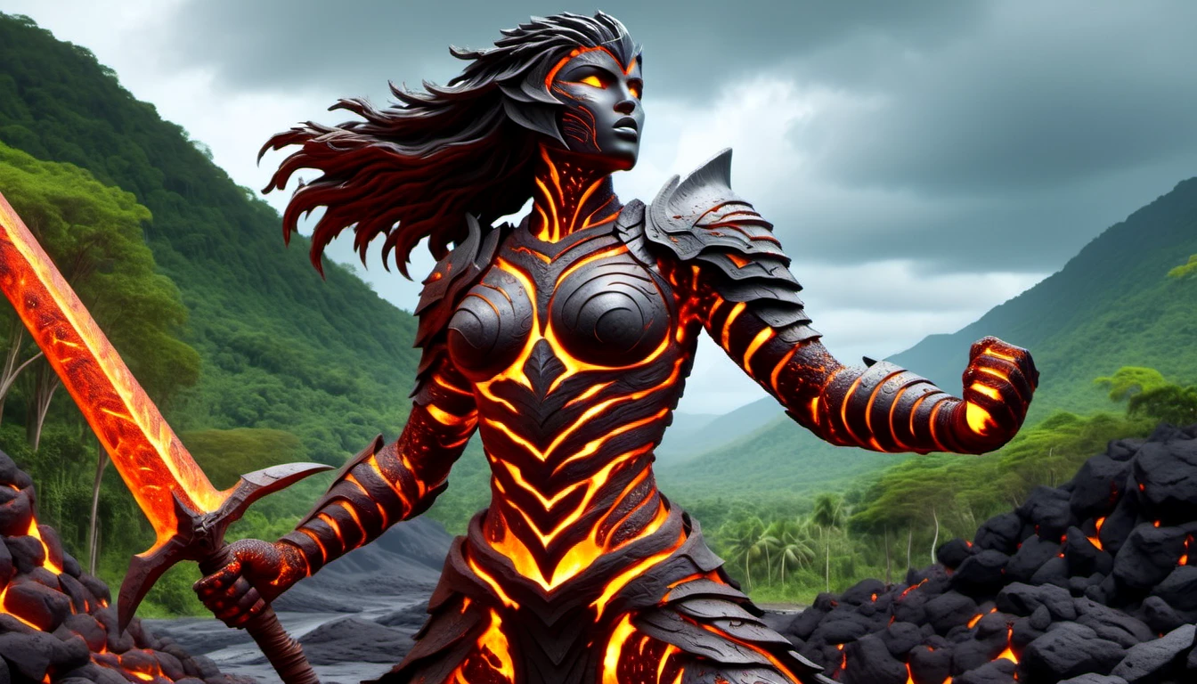 LavaRay, fierce armored female warrior made entirely of lava, furious, angry, screaming, standing, roaring at the sky