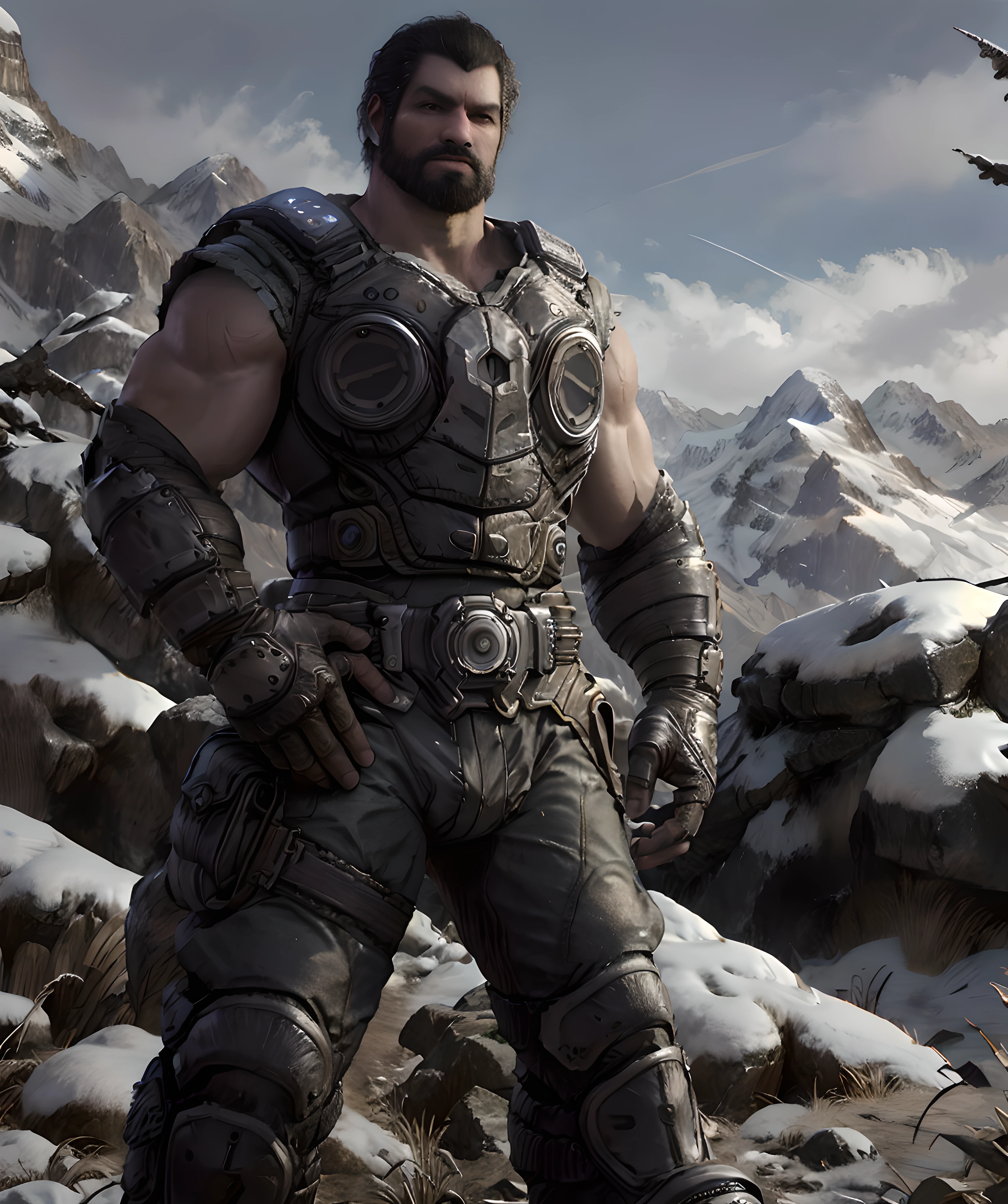 full_beard_dom_santiago, standing, looking at viewer, mountain, armor, (hand in pocket:1.1), muscular <lora:Full_Beard_Dom_Santiago-15:0.85>
