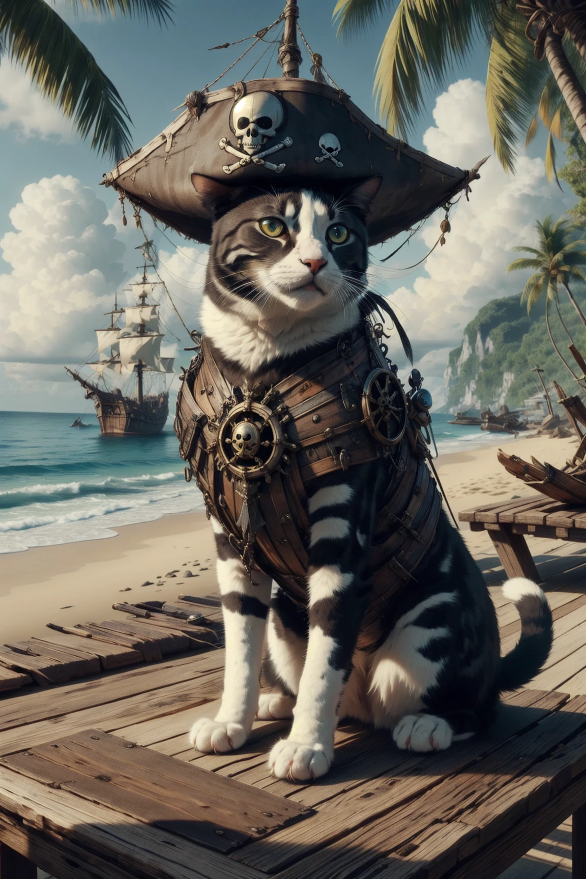 masterpiece, best quality, expressive eyes, absurdres, <lora:SalvagePirateWorld:1> salvagepirateworld, armoured, cat, sitting on a table, pirate hat, on a tropical beach,