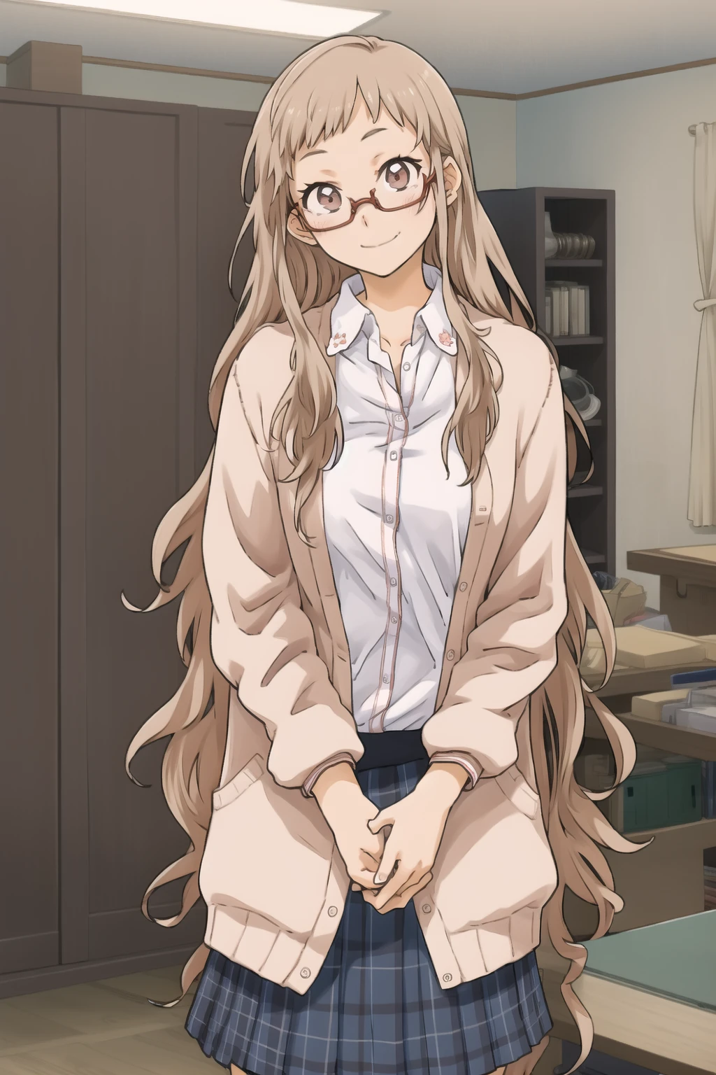 masterpiece, best quality,  <lora:KindredSpirits-002:1>, AnoFuji, 1girl, solo, long hair, glasses, brown eyes, smile, brown hair, very long hair, red-framed eyewear, semi-rimless eyewear, school uniform, skirt, cardigan, plaid, plaid skirt, (anxious  face)