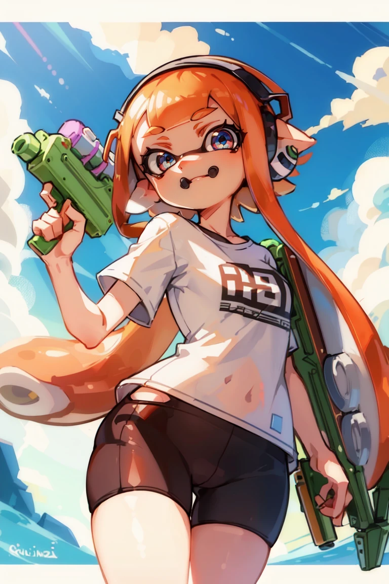 1girl, solo, long hair, looking at viewer, smile, open mouth, bangs, shirt, holding, white shirt, short sleeves, outdoors, sky, shorts, day, pointy ears, cloud, signature, blunt bangs, holding weapon, orange hair, blue sky, orange eyes, short shorts, headphones, fangs, black shorts, bike shorts, t-shirt, tentacle hair, print shirt, single vertical stripe, holding water gun, ink tank (splatoon), inkling, inkling girl,<lora:EMS-293499-EMS:0.800000>