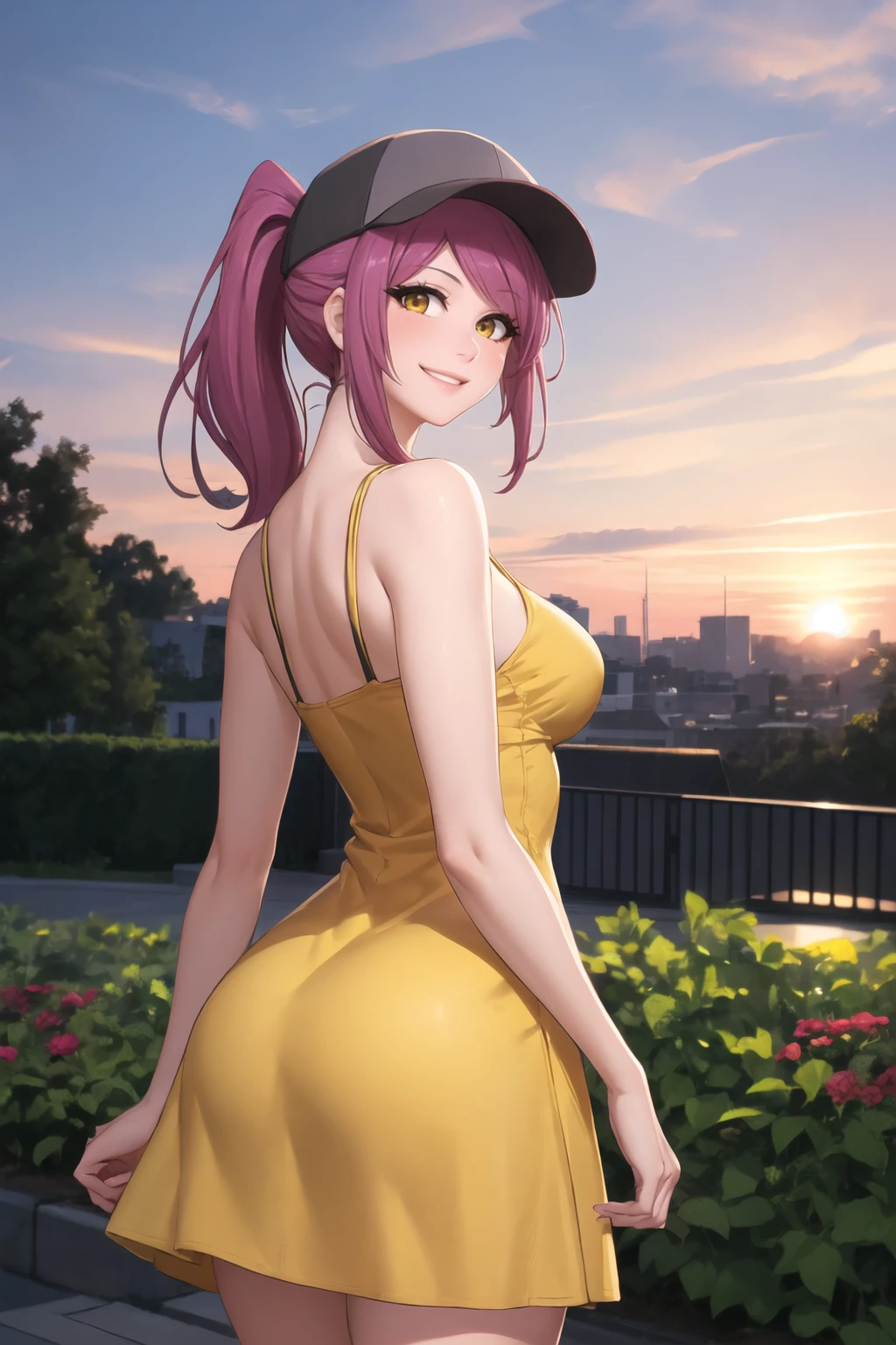 (best quality), outdoors, sunset, garden, 1girl, solo, LeahAirisubaka, short hair, ponytail, large breasts, <lora:LeahAirisubaka_V2-Manityro-dadapt:1>, toned, smile, blush, looking at viewer, baseball cap, yellow dress, yellow sundress, looking back, from behind