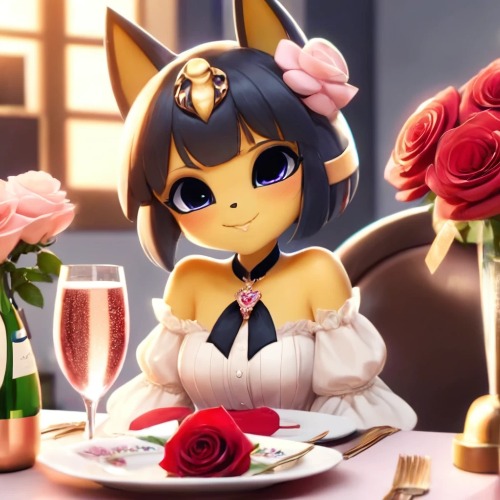 ValentinesDateSDXL,solo,1girl,long hair,cute face,(((whole upper body))),(((Whole head in frame))), (((whole face in frame))),flooking at viewer,blush,smile,bangs,cute tail,brown hair,shirt,ribbon,jewelry,sitting,flower,earrings,food,cup,petals,black ribbon,neck ribbon,depth of field,rose,table,bottle,knife,red flower,plate,champagne,drinking glass,red rose,fork,candle,wine glass, fancy champagne glass,candlestand,champagne flute,champagne,pov across table ,valentine,valentine style,nice hands, <lora:ValentinesDateSDXL:1>,valentine style,fancy fancy champagneglass , Ankha, Animal Crossing <lora:ankha_v0.0.1:1>,