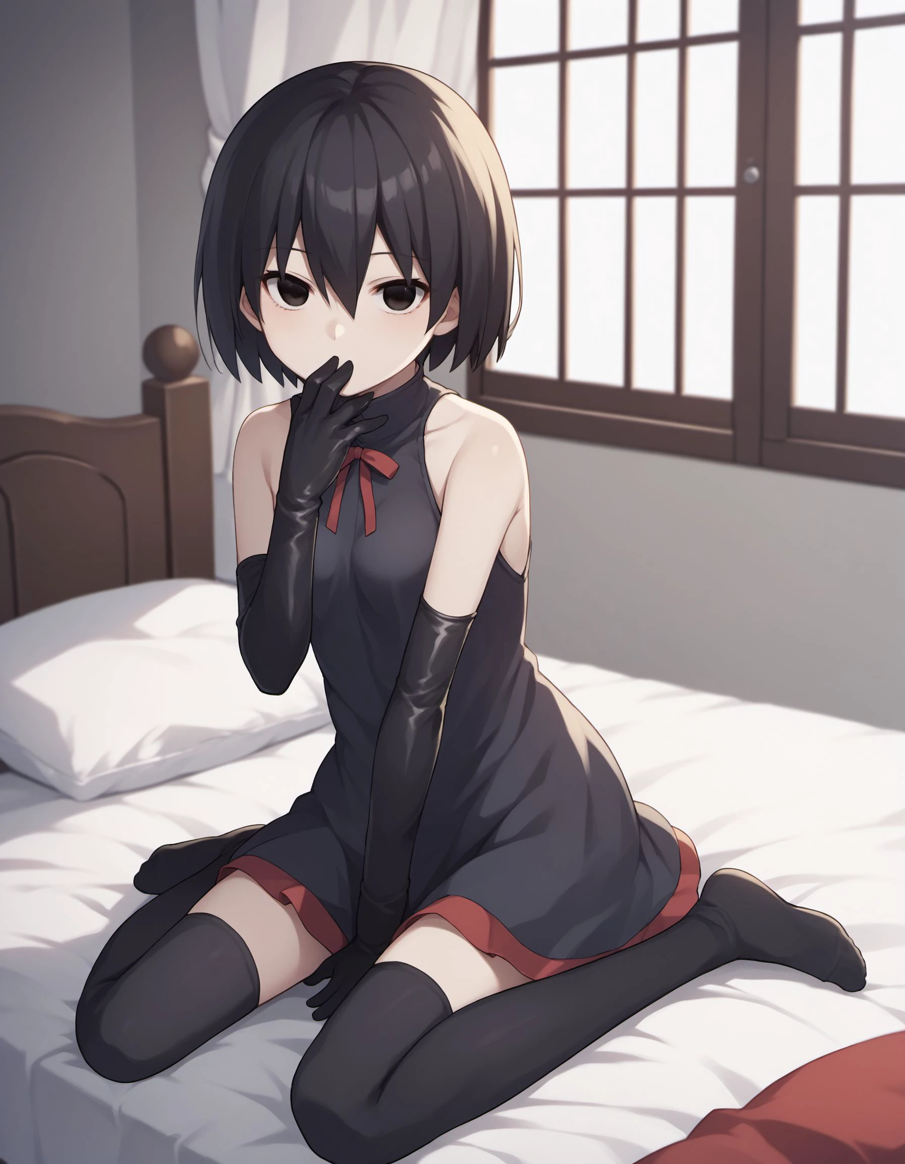 kaguyashinomiya, kaguya shinomiya, short hair, bangs, black hair, (red eyes:1.3), hair ribbon, sidelocks, folded ponytail, (parted bangs:1.5),
BREAK  lace bra, black socks, no shoes, nsfw
BREAK indoors, bedroom, 
BREAK  lace panties, BREAK full body view, ultra high quality, underwear, legs spread, sitting on floor