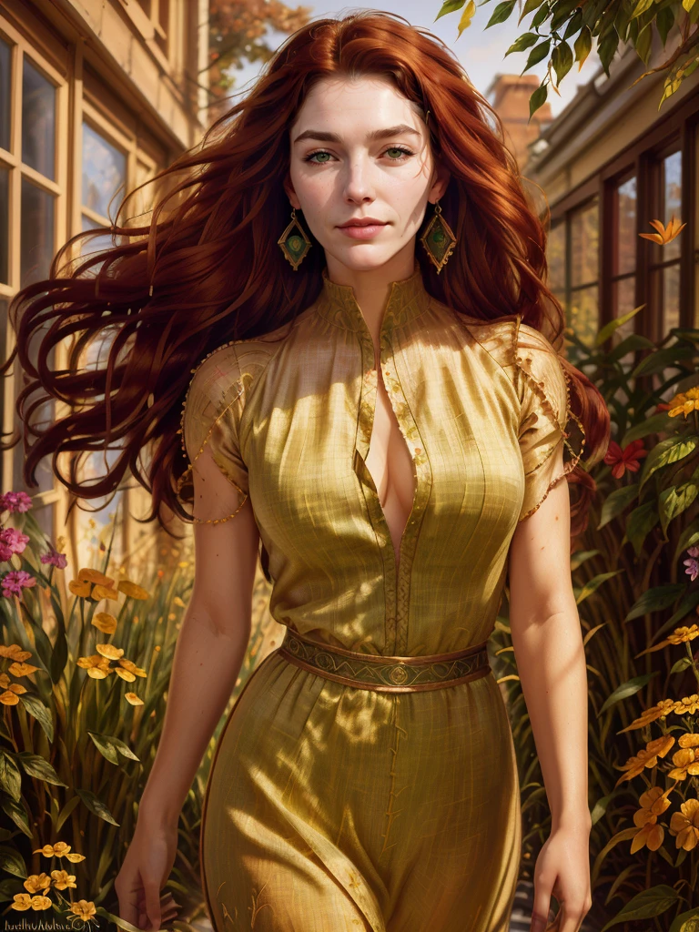 half length shot, hyperreal narrative impressionistic realism, In Sergey Piskunov's evocative style, art of j3nn1f3r8 with long red hair, solo, futuristic, scifi, intricate, elegant, highly detailed, Piskunov's brushwork infuses the painting with a unique combination of realism and abstraction, surreal, filigree, broken glass, (masterpiece, sidelighting, detailed eyes: 1.2), hdr, realistic painting, natural skin, textured skin, pores, pocks, closed mouth, butterfly filigree, green Fortuny dress, high neck, eye makeup, long hair moved by the wind, window facing to another world, Piskunov's distinctive style captures the essence of the girl's enigmatic nature, inviting viewers to explore the depths of her soul, award winning art <lora:j3nn1f3r8_v6-000005:1> <lora:1907_Fortuny_v2:1> colorful, detailed background, vivid, vibrant, breasts