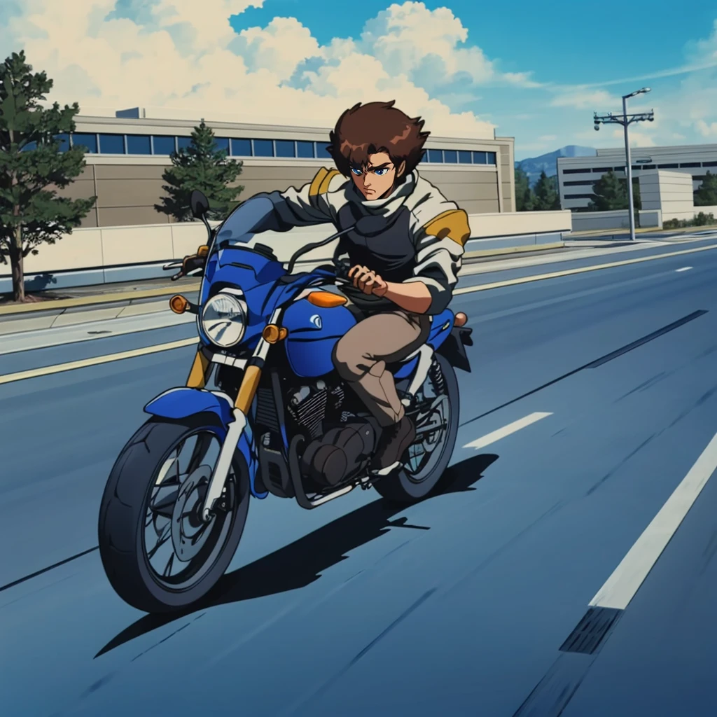 <lora:Ikuro001:0.7>,
solo,
Ikuro,1boy,brown hair,short hair,blue eyes,
jacket,loose turtleneck,
pants,
motorcycles,landing,