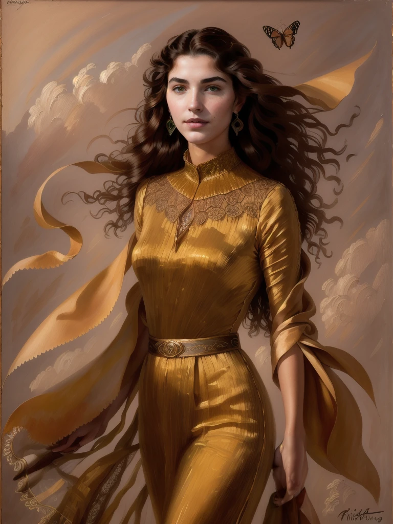 half length shot, hyperreal narrative impressionistic realism, In Sergey Piskunov's evocative style, art of j3nn1f3r8 with long brown hair, solo, futuristic, scifi, intricate, elegant, highly detailed, Piskunov's brushwork infuses the painting with a unique combination of realism and abstraction, surreal gold filigree, broken glass, (masterpiece, sidelighting, detailed eyes: 1.2), hdr, realistic painting, natural skin, textured skin, pores, pocks, closed mouth, butterfly filigree, Fortuny dress, high neck, eye makeup, long hair moved by the wind, window facing to another world, Piskunov's distinctive style captures the essence of the girl's enigmatic nature, inviting viewers to explore the depths of her soul, award winning art <lora:j3nn1f3r8_v6-000005:1> <lora:1907_Fortuny_v2:1> greg rutkowski