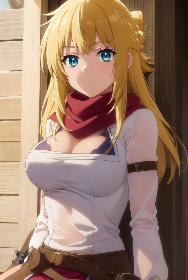 masterpiece, (best quality), 1woman,1girl ,Rit_BFTHP, blonde hair , blue eyes,long hair,young woman ,french braid , best quality ,red scarf,(white shirt) ,long sleeves ,cleavage ,blush , puffy sleeves , white skirt, vibrant colors ,natural lighting ,blush RTX, large breasts , smile,beautiful, (detailed face:1.2), showcase, (photorealistic:1.0), 8k uhd, looking a viewer, outdoors, park, , simple backround, (perfect eyes:1.2), (detailed eyes:1.1), full body