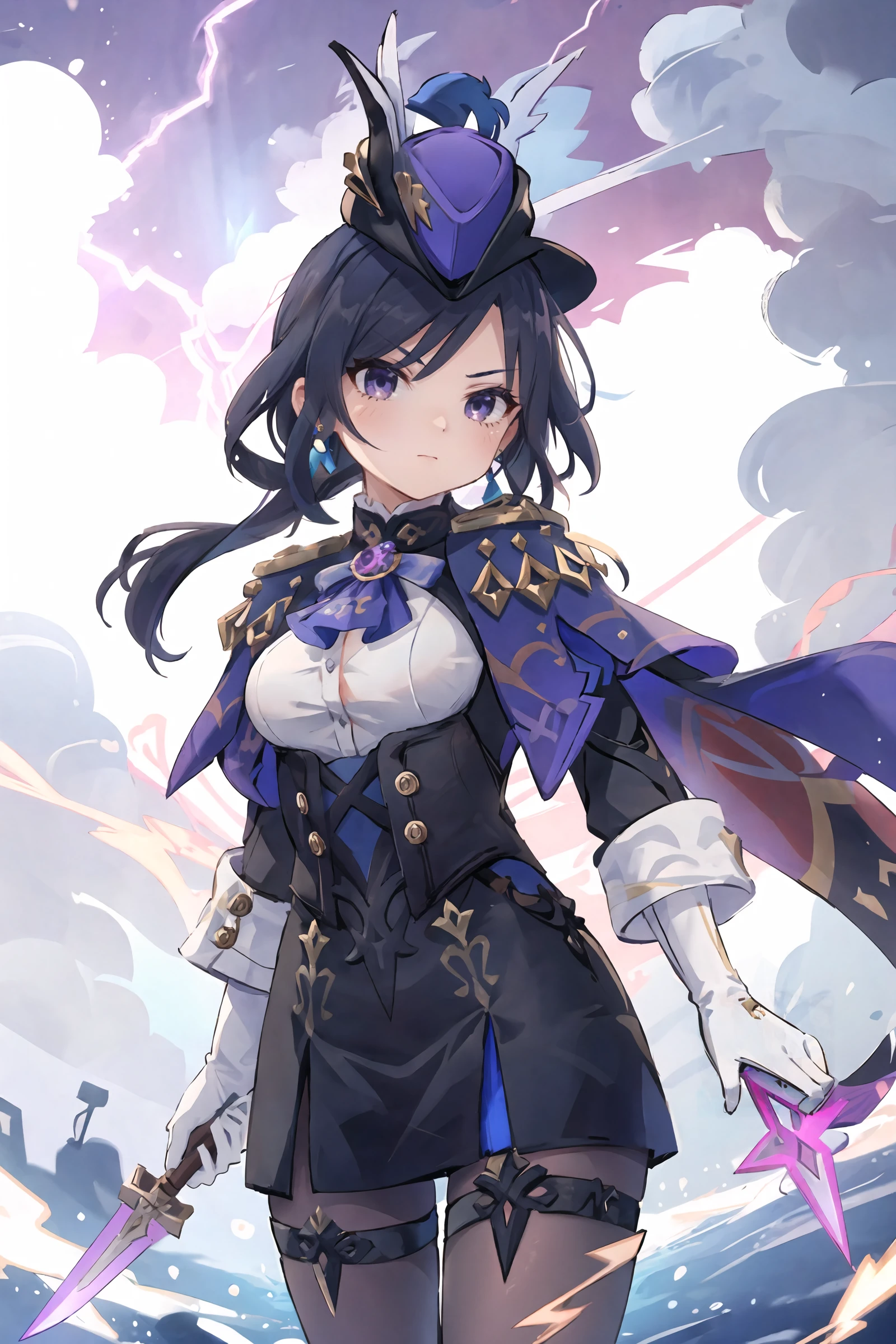 1girl, clorinde \(genshin impact\), tricorne, black pantyhose, earrings, blue cape, white gloves, pencil skirt, white shirt, thigh strap, underbust, ascot, black jacket, cowboy shot, lightning, electricity, aura, looking at viewer, floating hair, glaring, hand on hilt, sword, masterpiece
