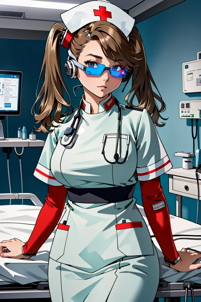 ((masterpiece, best quality,lower_body)), operating table,medical monitors,hospital bed,   <lora:cybr_nrs_v1.0-000006:0.8> (cyber_nrs,, 1girl, short sleeves, headphones, nurse cap, nurse, name tag, tinted eyewear, stethoscope,cybernetic, futuristic), <lora:KaorukoSazaki:0.8> (twintails, kaoruko, 1girl, solo, brown hair, brown eyes),