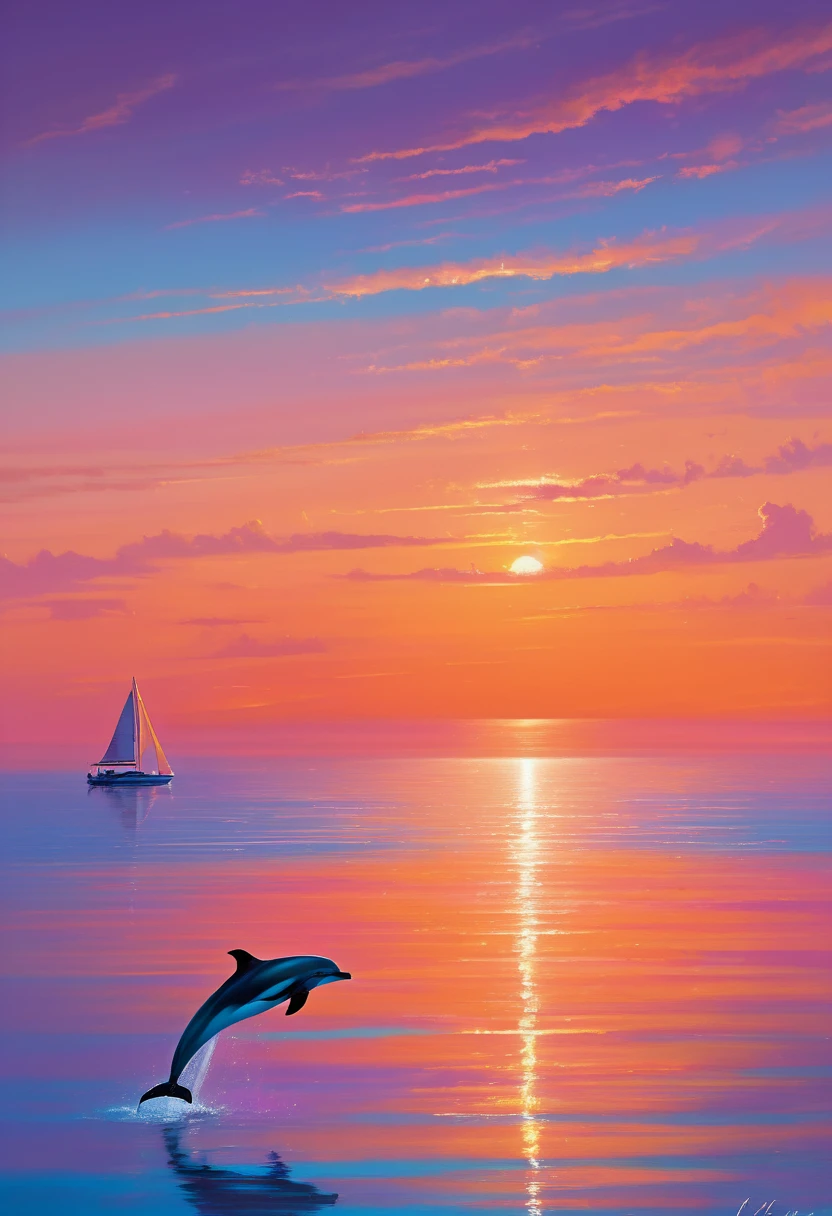Sunset Over a Serene Ocean: A magnificent sunset painting the sky in vivid shades of orange, pink, and purple, with a tranquil ocean reflecting the dazzling colors. In the foreground, (a solitary dolphin leaps gracefully above the water:1.40), creating ripples that shimmer under the fading light. The horizon is adorned by a distant silhouette of a small sailboat, and the air is filled with a sense of peace and serenity.