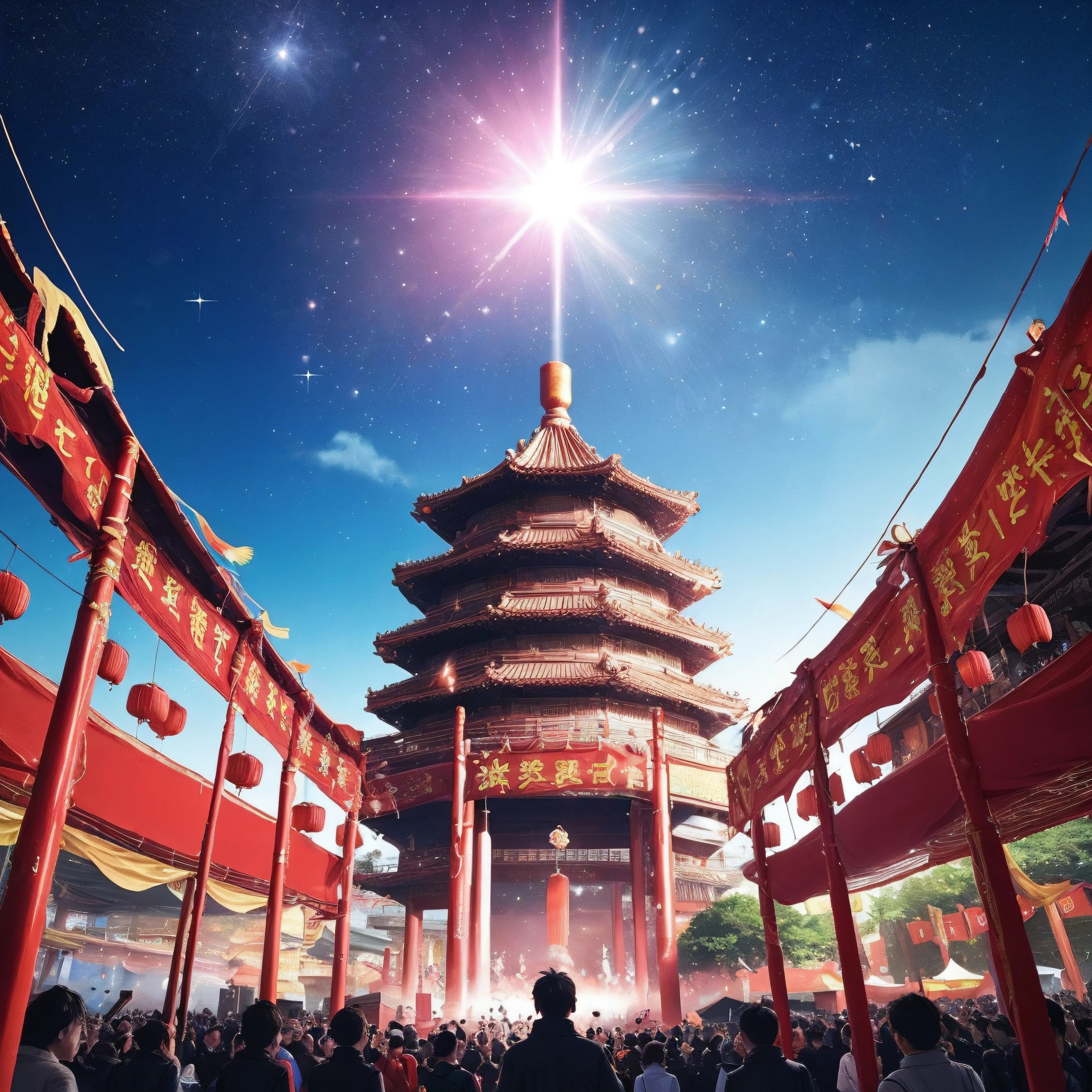 celebration stars, festival, Chinese festival lunar, people celebrating!, temple, (Sparkle:1.1), sky, anime, glow, <lora:SparkleYourName:0.4> (YourName:1.1)