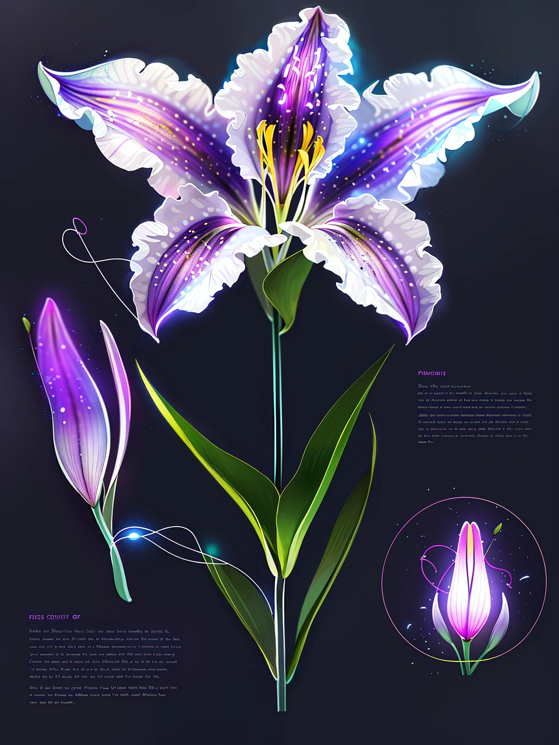 master piece, high quality, a bioluminescent lily, purple light, black background, J_diagram <lora:J_diagram:0.8>
