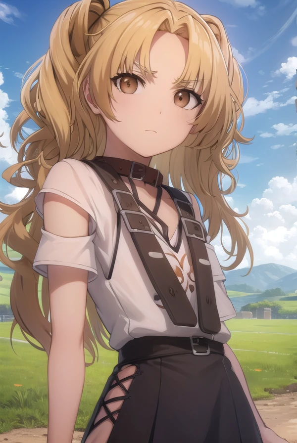 yuzukikatagiri, <lora:yuzuki katagiri s1-lora-nochekaiser:1>,
yuzuki katagiri, long hair, bangs, blonde hair, twintails, (brown eyes:1.5), (parted bangs:1.5),
BREAK skirt, shirt, thighhighs, white shirt, short sleeves, black skirt, collar, single thighhigh, argyle,
BREAK outdoors,
BREAK looking at viewer, (cowboy shot:1.5),
BREAK <lyco:GoodHands-beta2:1>, (masterpiece:1.2), best quality, high resolution, unity 8k wallpaper, (illustration:0.8), (beautiful detailed eyes:1.6), extremely detailed face, perfect lighting, extremely detailed CG, (perfect hands, perfect anatomy),