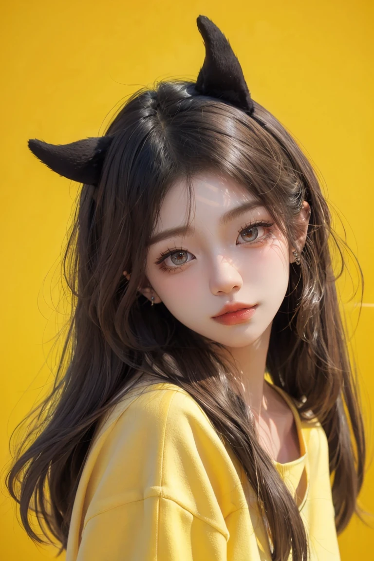 1girl, solo, upper body cowboy shot, face focus, standing, head tilt, eyeshadow, eyeliner, curious, suspicious, (masterpiece, best quality, 4k:1.1), professional portrait photograph, detailed face, detailed eyes, film grain, yellow background, simple background, dim lighting, drop shadow, <lora:Ne7o_v02:0.8>
