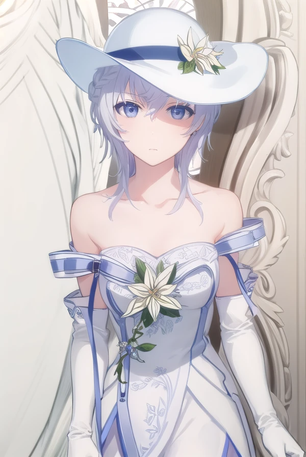 seitenshi, <lora:seitenshi s1-lora-nochekaiser:1>,
seitenshi, short hair, braid, white hair, (grey eyes:1.3),
BREAK gloves, hat, dress, bare shoulders, collarbone, elbow gloves, white gloves, white dress, white headwear, sun hat, long dress, hat flower,
BREAK indoors,
BREAK looking at viewer, (cowboy shot:1.5),
BREAK <lyco:GoodHands-beta2:1>, (masterpiece:1.2), best quality, high resolution, unity 8k wallpaper, (illustration:0.8), (beautiful detailed eyes:1.6), extremely detailed face, perfect lighting, extremely detailed CG, (perfect hands, perfect anatomy),