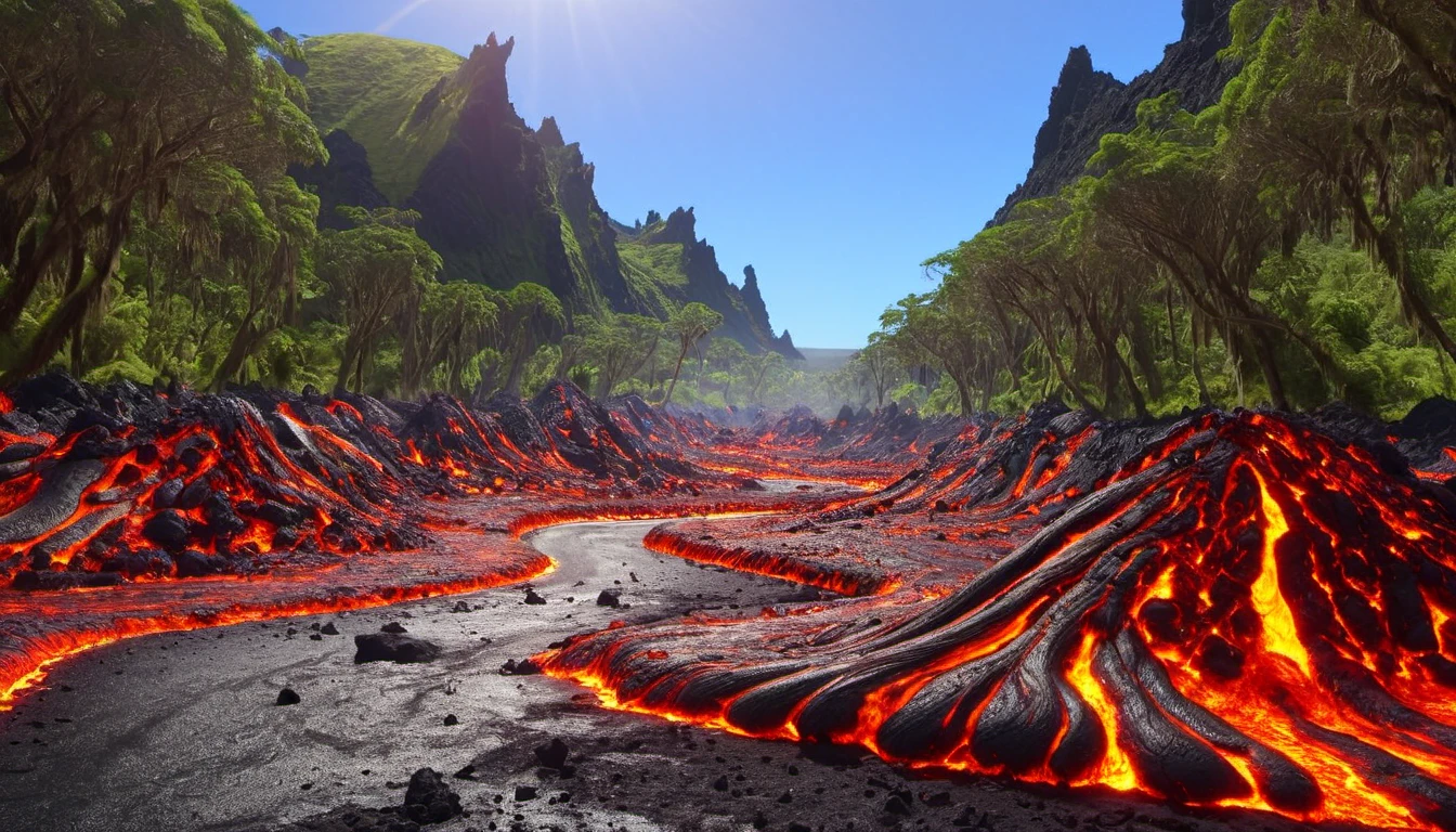 LavaRay, Cinematic still, Color splash, Digital art, insane details, "Contentious Company", in Sensual made entirely of lava, Freeway in background, Ultrarealistic, Fantasy, Art Nouveau, Oversaturated