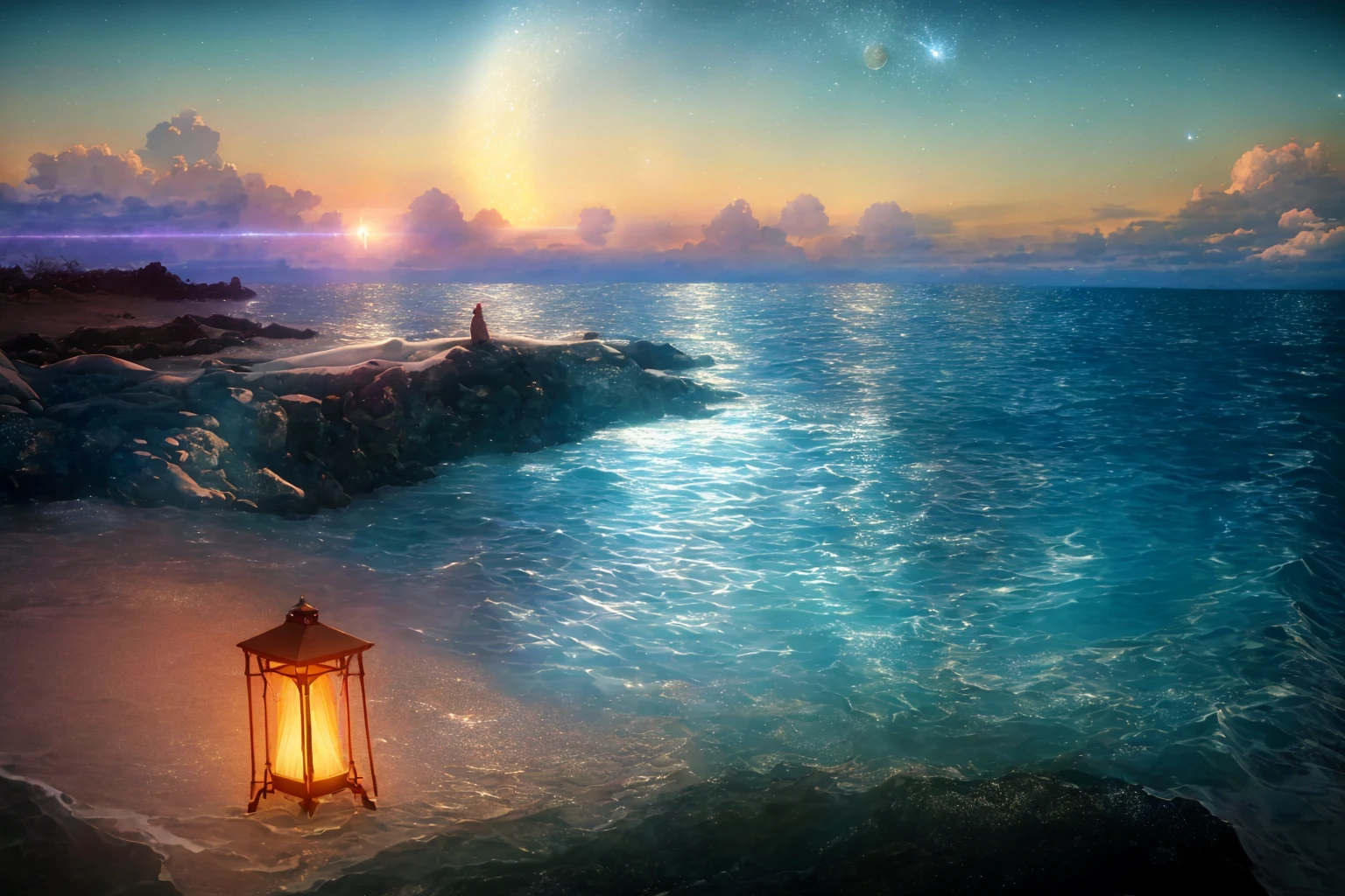 masterpiece, ultra-detailed, best quality, illustration, 8k cg wallpaper, an extremely delicate and beautiful, stunning landscape, beach, lighthouse, moon, stars, clouds, intricately detailed items in background, <lora:Unravel:1>