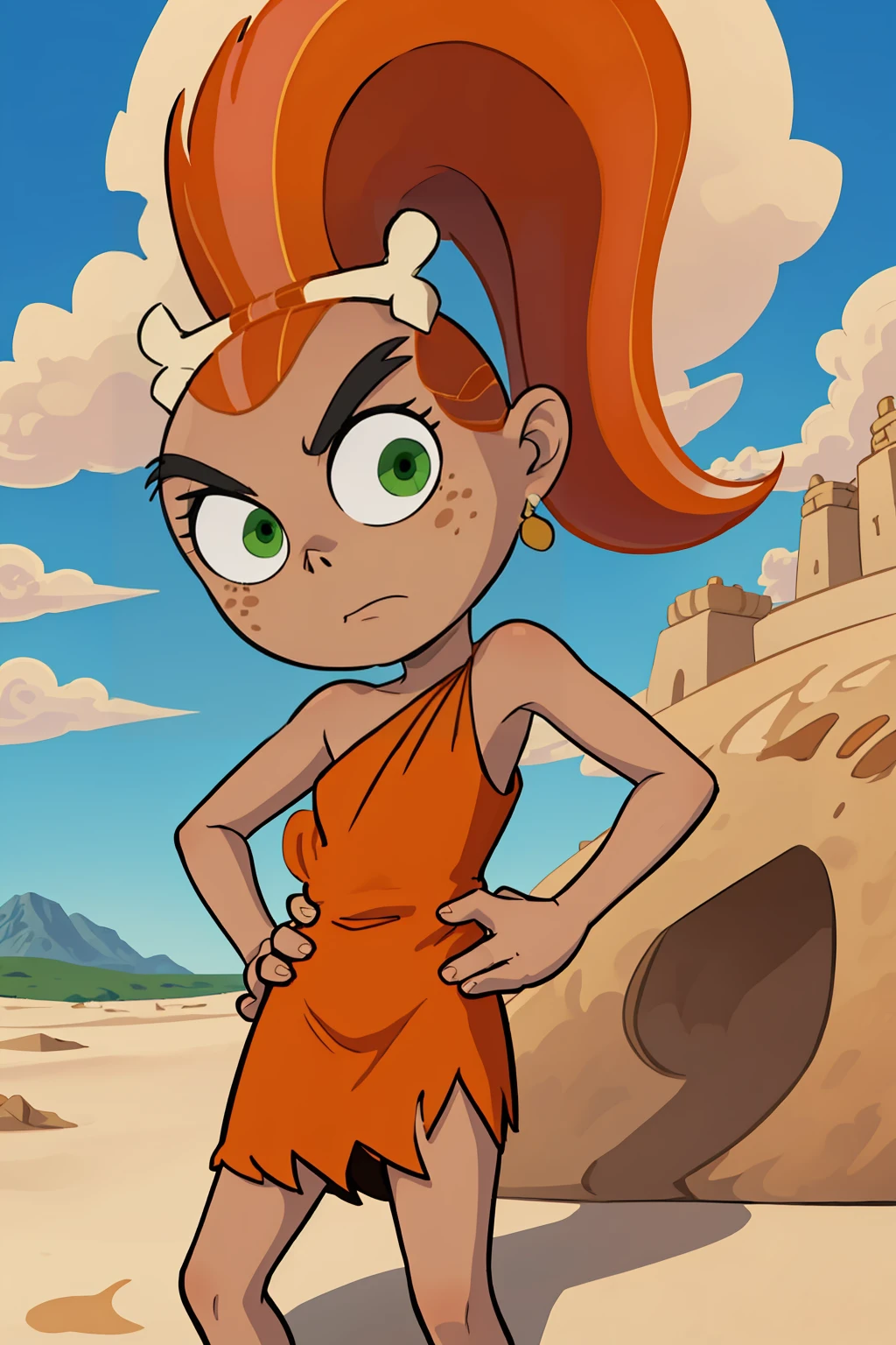 masterpiece, best quality,
1girl, davefang, orange hair, ponytail, green eyes, dress, dark skin, cartoon, parody,
closed mouth, hands on hips, solo, looking at viewer, dune, sand, blue sky, desert background <lora:Fang:1>
