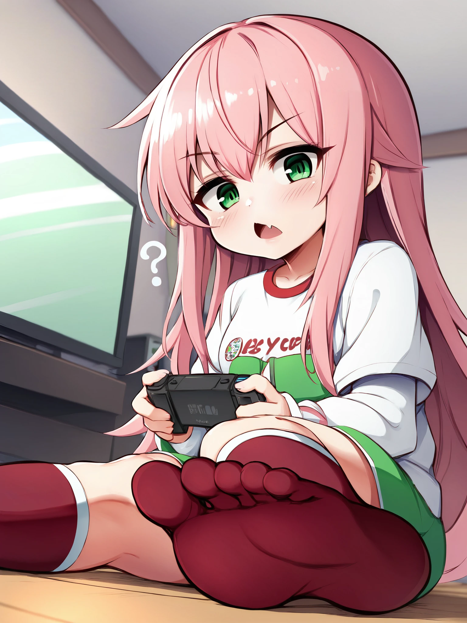score_9,1girl,solo,serious,from below,light blush,close up,upper body,looking at viewer,panicking,open mouth,fang,feet,handheld game console,confused,?,long hair,green eyes,pink hair,shirt,living room,socks,uniform,sitting,on floor,<lora:MusouzukiXL:0.8>,
