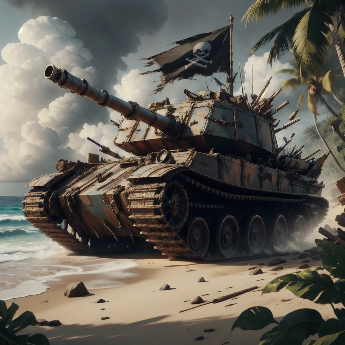 masterpiece, best quality, expressive eyes, absurdres, <lora:SalvagePirateWorld:1> salvagepirateworld, battle tank, on tropical beach,