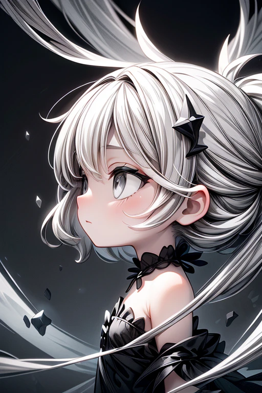 (black and grey theme:1.3), best quality,Epic,highly detail,Illustration,Cover,enigmatic figure,draped in translucent fabric,crystals adorning hair,dreamlike swirl,pastel hues,soft light,evoking calm serenity and elusive beauty,Non-representational,colors and shapes,expression of feelings,imaginative,highly detailed, grey_eyes, from_side
