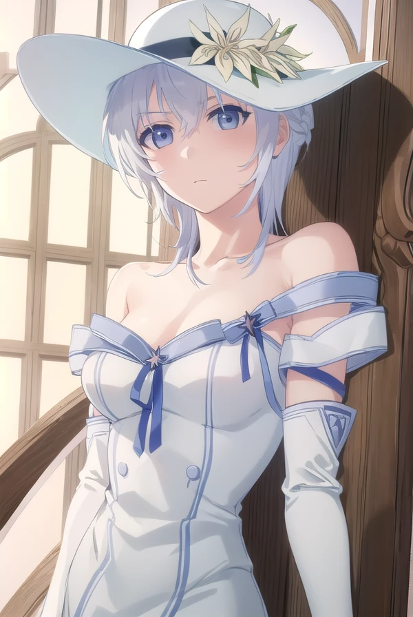 seitenshi, <lora:seitenshi s1-lora-nochekaiser:1>,
seitenshi, short hair, braid, white hair, (grey eyes:1.3),
BREAK gloves, hat, dress, bare shoulders, collarbone, elbow gloves, white gloves, white dress, white headwear, sun hat, long dress, hat flower,
BREAK indoors,
BREAK looking at viewer, (cowboy shot:1.5),
BREAK <lyco:GoodHands-beta2:1>, (masterpiece:1.2), best quality, high resolution, unity 8k wallpaper, (illustration:0.8), (beautiful detailed eyes:1.6), extremely detailed face, perfect lighting, extremely detailed CG, (perfect hands, perfect anatomy),