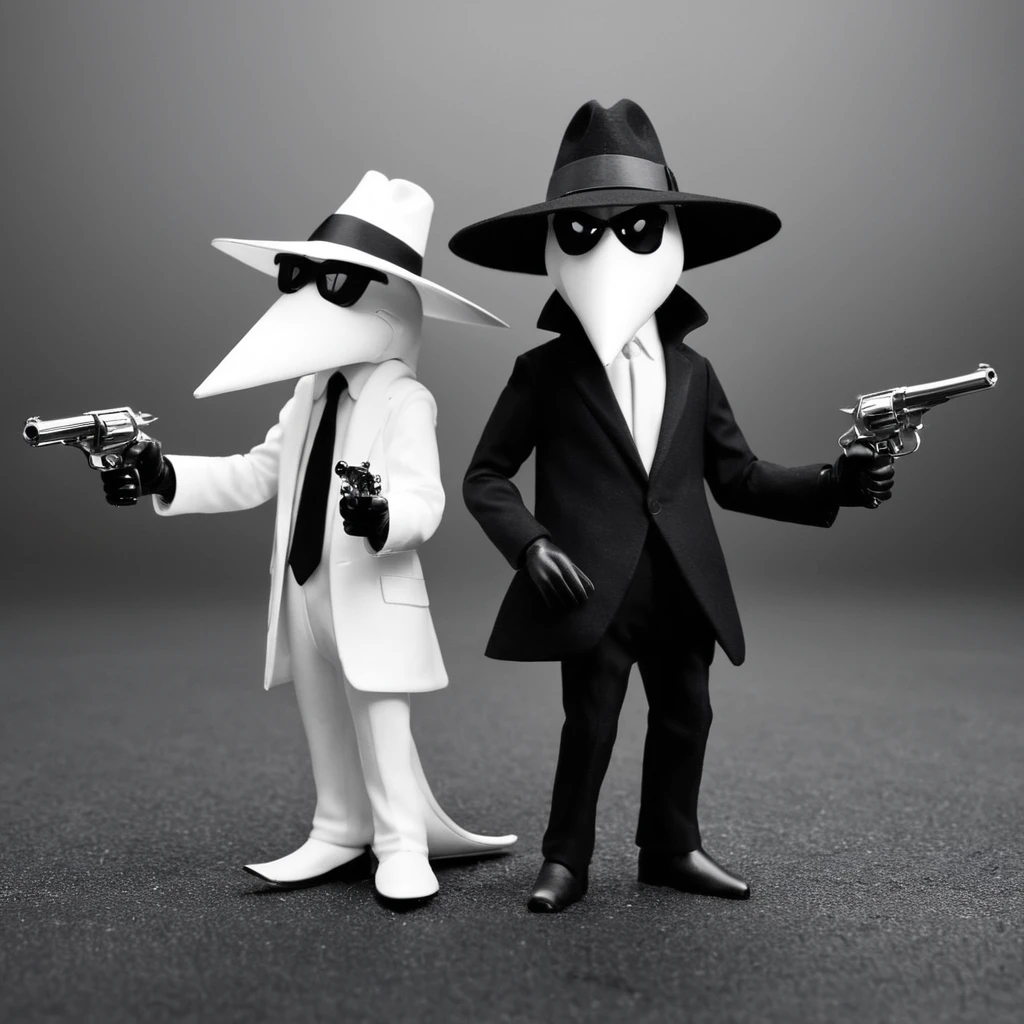 cinematic film still of  <lora:spy vs spy style:1>
black vs white two cartoon characters dressed in white and black spy vs spy style,smile,hat,weapon,male focus,multiple boys,necktie,belt,2boys,grin,gun,bird,parody,formal,sunglasses,suit,handgun,style parody,fedora,duck,beak cartoon, anime, funny, gun, pistol, weapon, dynamite, shallow depth of field, vignette, highly detailed, high budget, bokeh, cinemascope, moody, epic, gorgeous, film grain, grainy