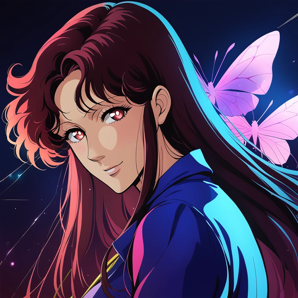 masterpiece,  best quality,  1girl,  fh1to, Blue_Catsuit_Yellow_Belt,  solo,  flying hair,  half closed eyes,  symbol-shaped pupils,  tricky,  sunglasses,  glowing eyes,  sharp,  wallpaper,  4k,  head tilted down,  clear,  purple butterflies,  thread,  from side,  portrait,  shine,  granular,  depth of field,  8k,  higher contrast,  scenery,  gradient background,  gradient hair,  from purple to red,  saturated,  warm colors,  light smile,  spider web print,  jacket,  shiny,  glare,  glitter,  bokeh,  dark background,  blurry,<lora:hitomi_anime_datasetv2_2AdamW-000006:1>