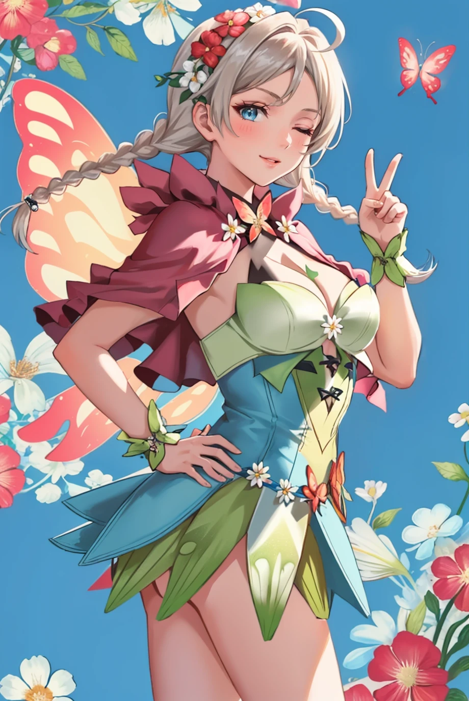 masterpiece, 1girl, cowboy shot, solo, side view, looking at viewer, one eye closed, peace sign, hand on hip, <lora:NinaFEHResplendent-bsinky-v1:0.7> resNina, dress, (cleavage:1.3), short skirt, hair ornament, twin braids, capelet, ahoge, butterfly wings, hair flower, floral background