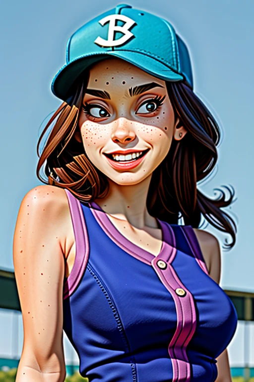<lora:Wolvie_r1lee_v1.1:1> r1l33,1girl, brown eyes, brown hair, smile, ((dental braces on teeth)), braces, freckles, (masterpiece:1.3),(best quality:1.3),8k, highestres, absurdres, perfect composition, delicate, realistic proportions, ultra sharp, beautiful, stunning beauty, beautiful detailed eyes, textured skin, perfect face, Canon50, perfect shadows, medium breasts, solo focus, jewelry, suitable for work, baseball uniform, glasses, baseball cap, baseball field, outdoors