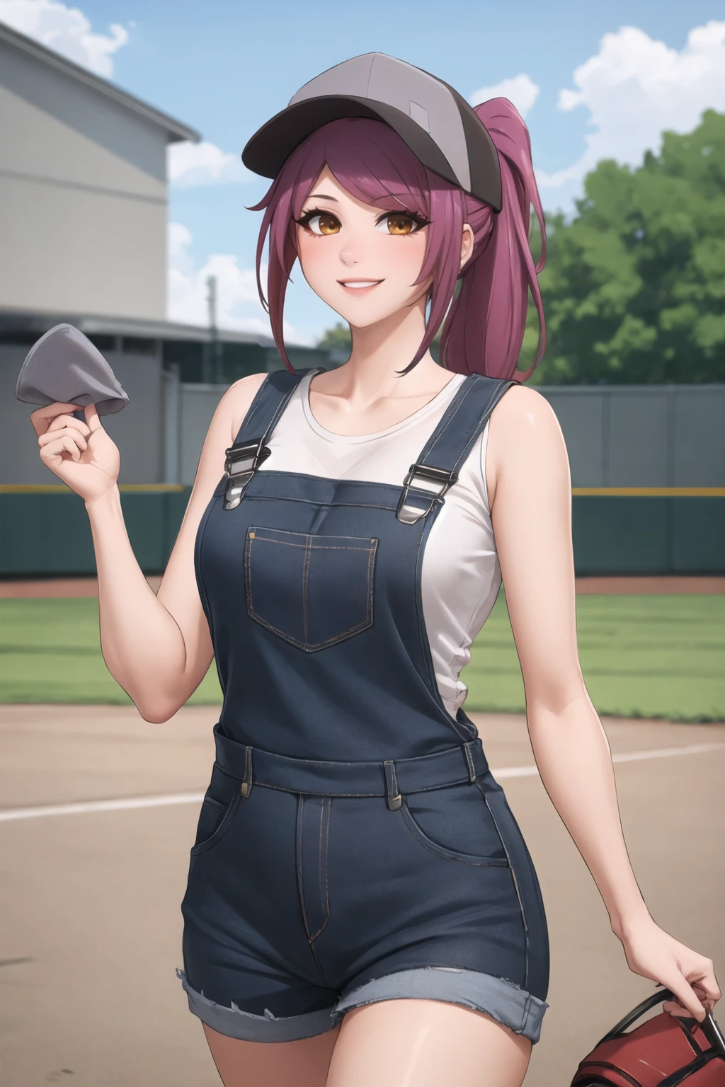 (best quality), outdoors, farm, 1girl, solo, LeahAirisubaka, short hair, ponytail, large breasts, <lora:LeahAirisubaka_V2-Manityro-dadapt:1>, toned, smile, blush, looking at viewer, baseball cap, blue overalls, white tank top,