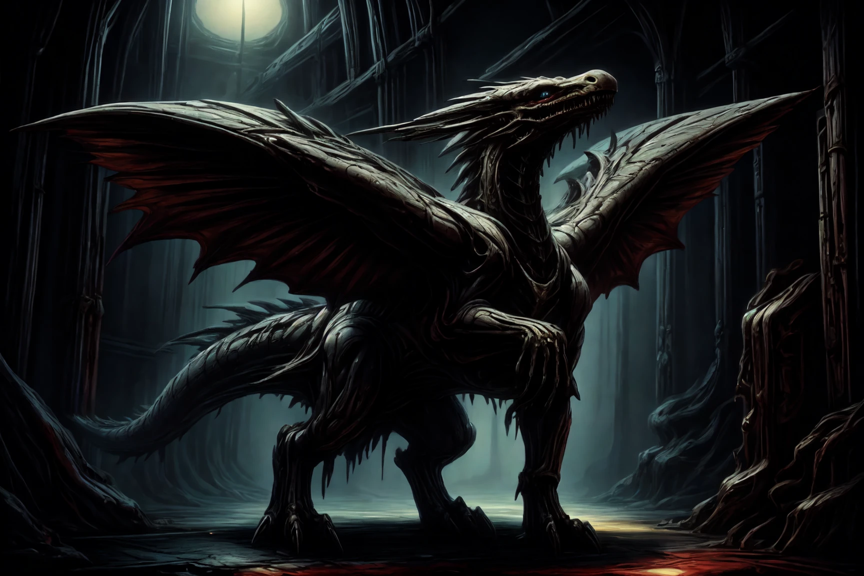 masterpiece, best quality, expressive eyes, absurdres, <lora:H.R.GigerWorld:1> gigerworld, full body, quadruped, winged dragon, open wings, DarkFantasy, horror, <lora:add_detail:0.5>