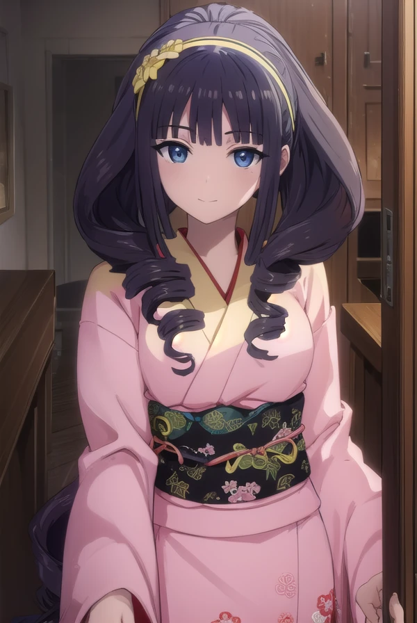 miorishiba, <lora:miori shiba s1-lora-nochekaiser:1>,
miori shiba, long hair, black hair, hair ornament, (black eyes:1.3), hairband, drill hair, smile,
BREAK japanese clothes, kimono,
BREAK indoors,
BREAK looking at viewer, (cowboy shot:1.5),
BREAK <lyco:GoodHands-beta2:1>, (masterpiece:1.2), best quality, high resolution, unity 8k wallpaper, (illustration:0.8), (beautiful detailed eyes:1.6), extremely detailed face, perfect lighting, extremely detailed CG, (perfect hands, perfect anatomy),