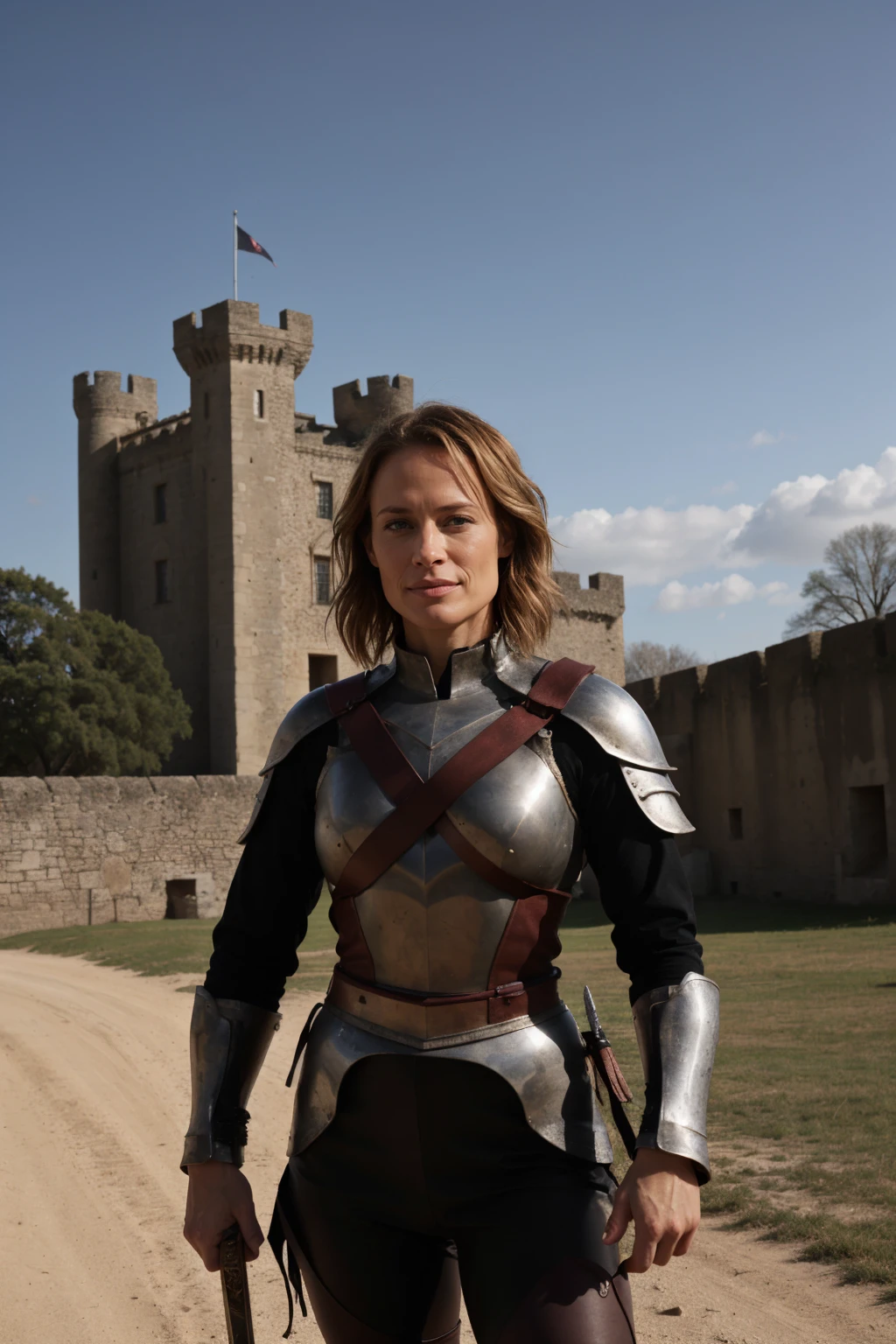 female warrior in leather armor holding a sword, castle background <lora:BMAIW_sd15_scaled_128_v2:0.75> bmaiw