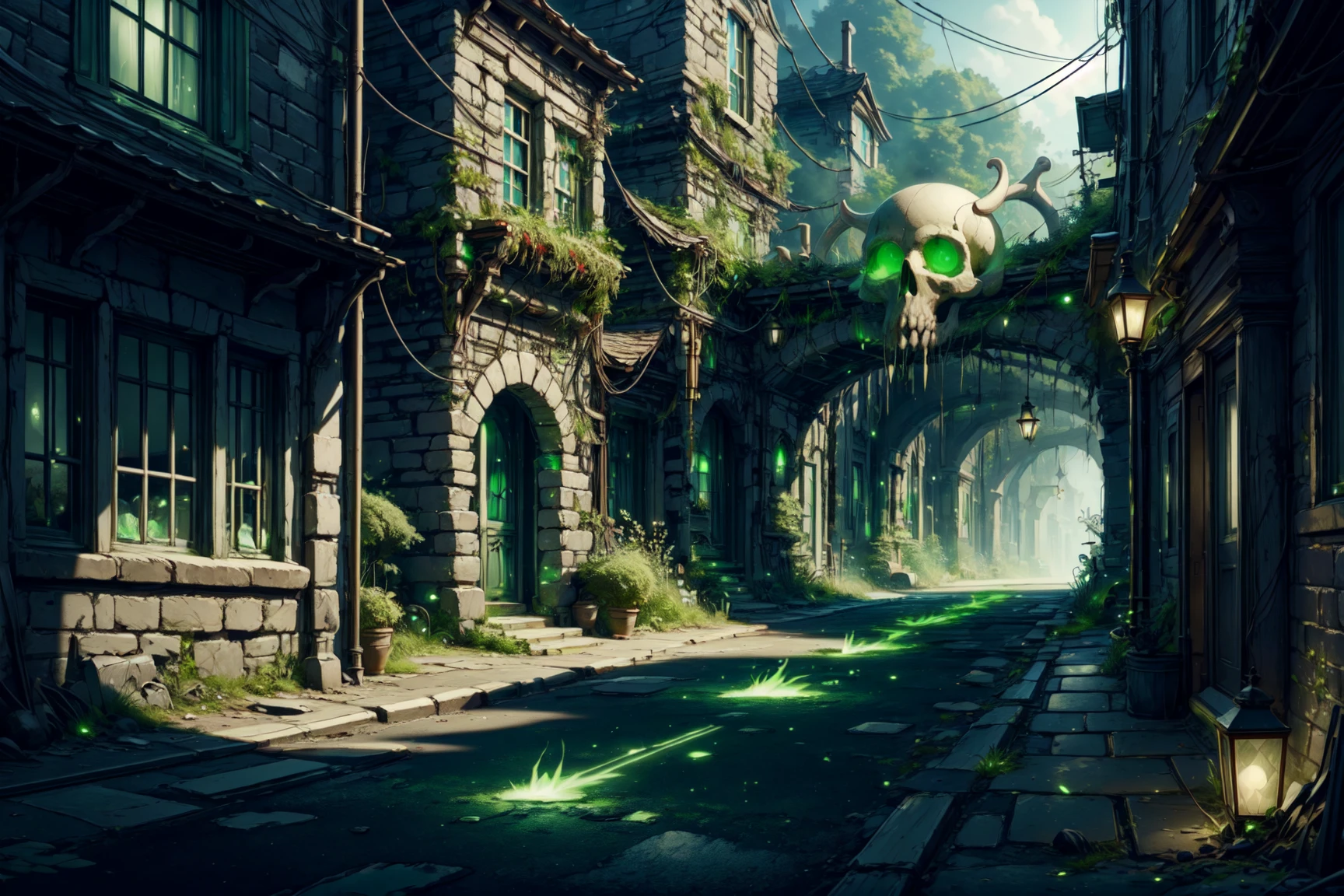 masterpiece, best quality, absurdres, <lora:GhostPirateWorld:1> ghostpirateworld, green glow, green glowing aura, winding alley with bridges and roads,