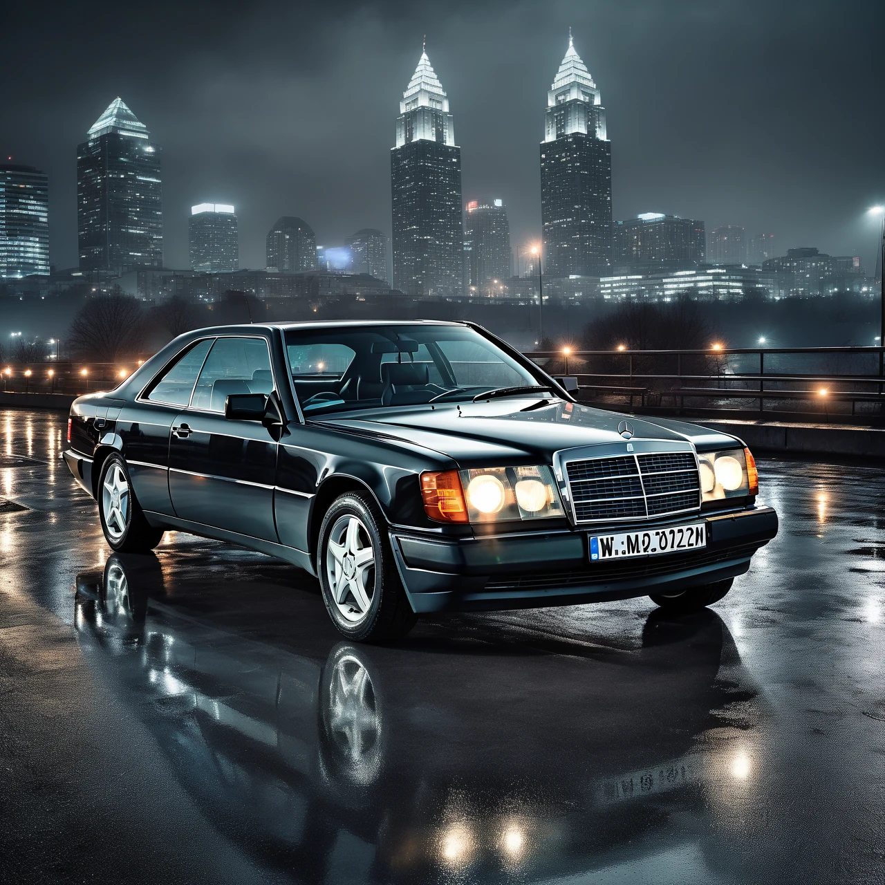 (masterpiece, highly detailed), a photo of (w124 car with mercedes-benz badges) (with 5-spoke wheels) (with empty numberplate), rainy night, empty parking, city skyline in background