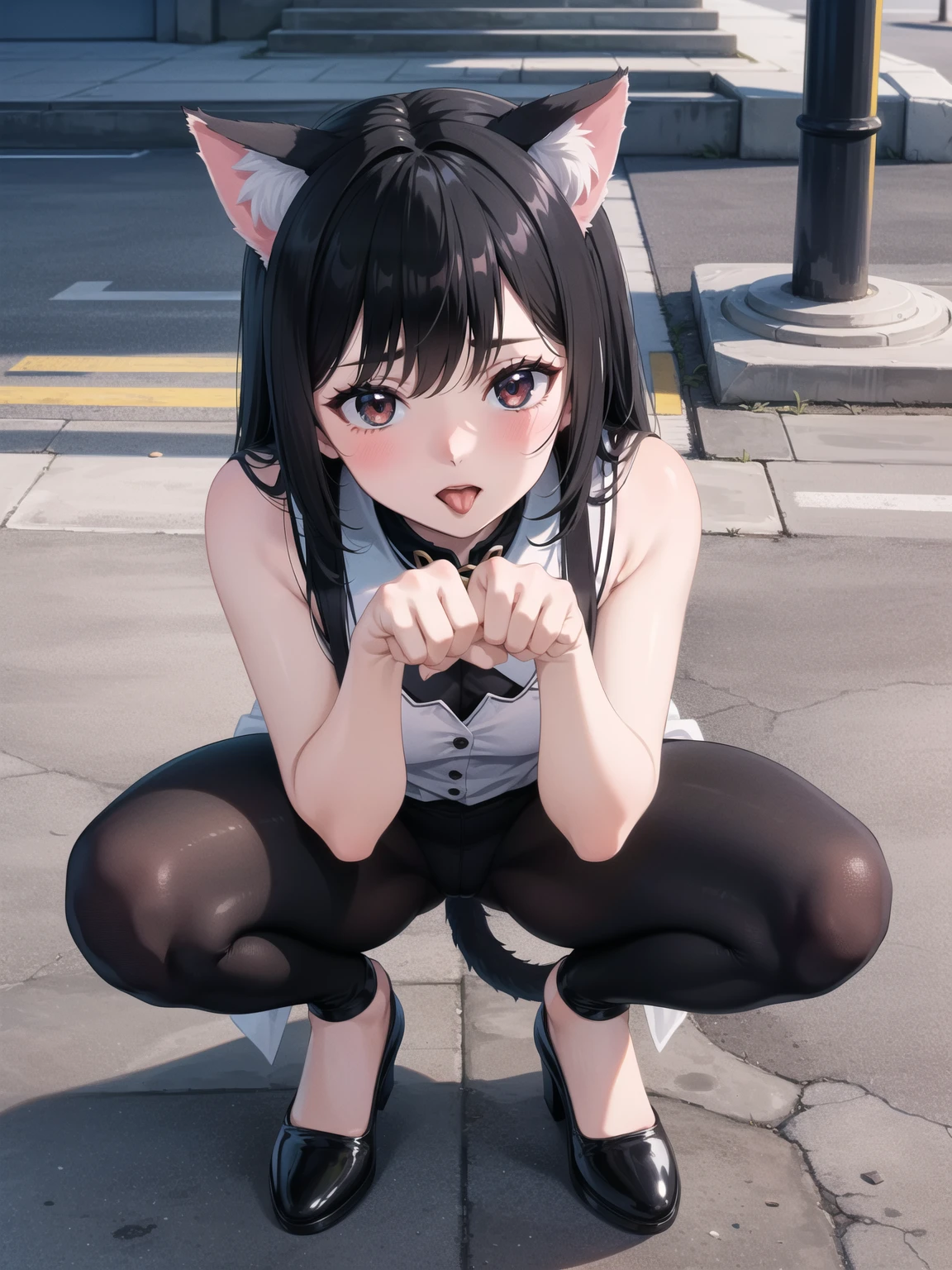 score_9, score_8_up, score_7_up, score_6_up, score_5_up, score_4_up, source_anime, 1girl, cat ears, cat tail, streaked hair, young, cute, smug, male pov, headpat,  outdoors, detailed background,Naked,full nude,white underwear,dog collar around neck,10years,Semen all over my face,Sneakers naked,small breasts,blowjob,1 boy,penis,Semen all over the body,highest quality,short cut hair,膝をついてフェラチオ,NSFW,フェラチオ