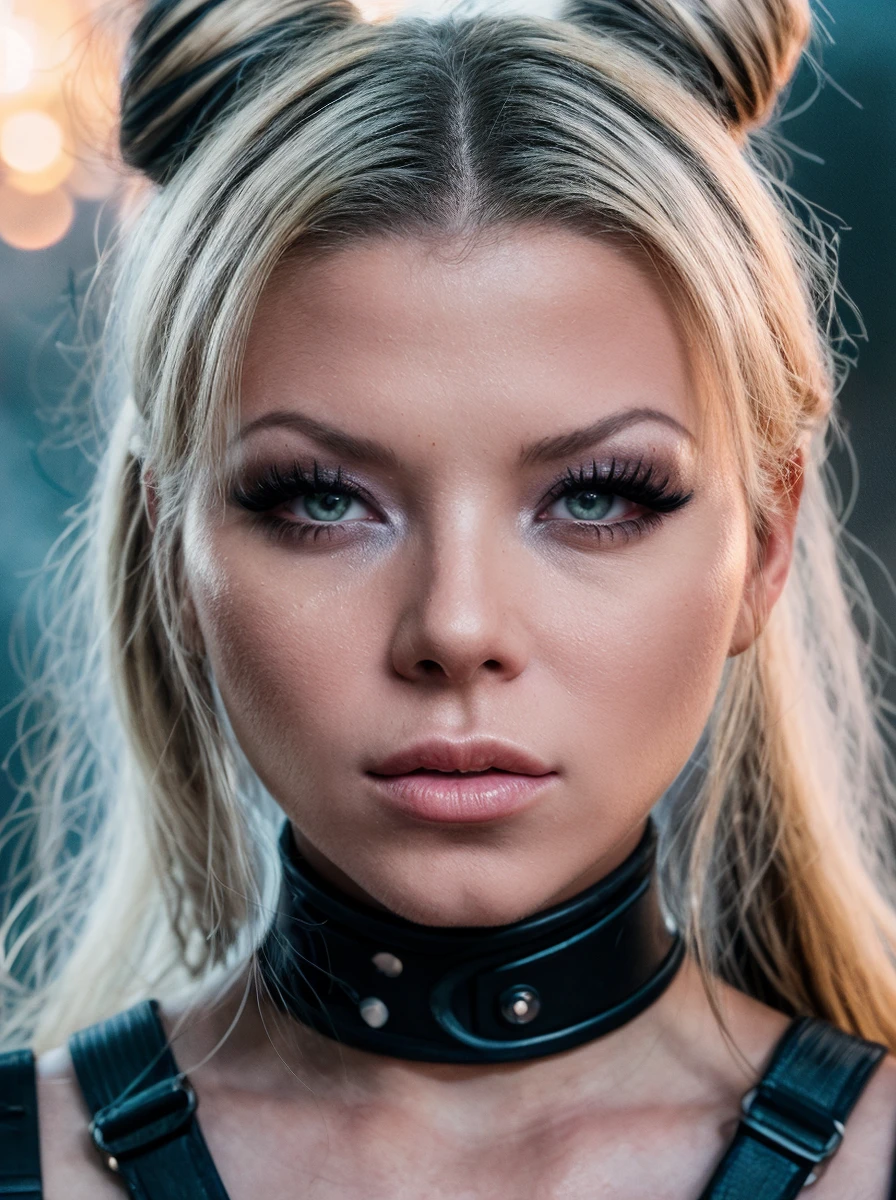 close portrait of gorgeous eye contact of a 1girl with bun hair and dark theme, glowing in fine light particles, explosion of brilliant sparks and showers, ethereal, luminous, dynamic composition, rich textures,, cinematic, 35mm film, 35mm photography, film, photo realism, DSLR, 8k uhd, hdr, ultra-detailed, high quality, high contrast,, <lora:quiron_BarbieSins_v3_lora:0.87> BarbieSinsQuiron woman,